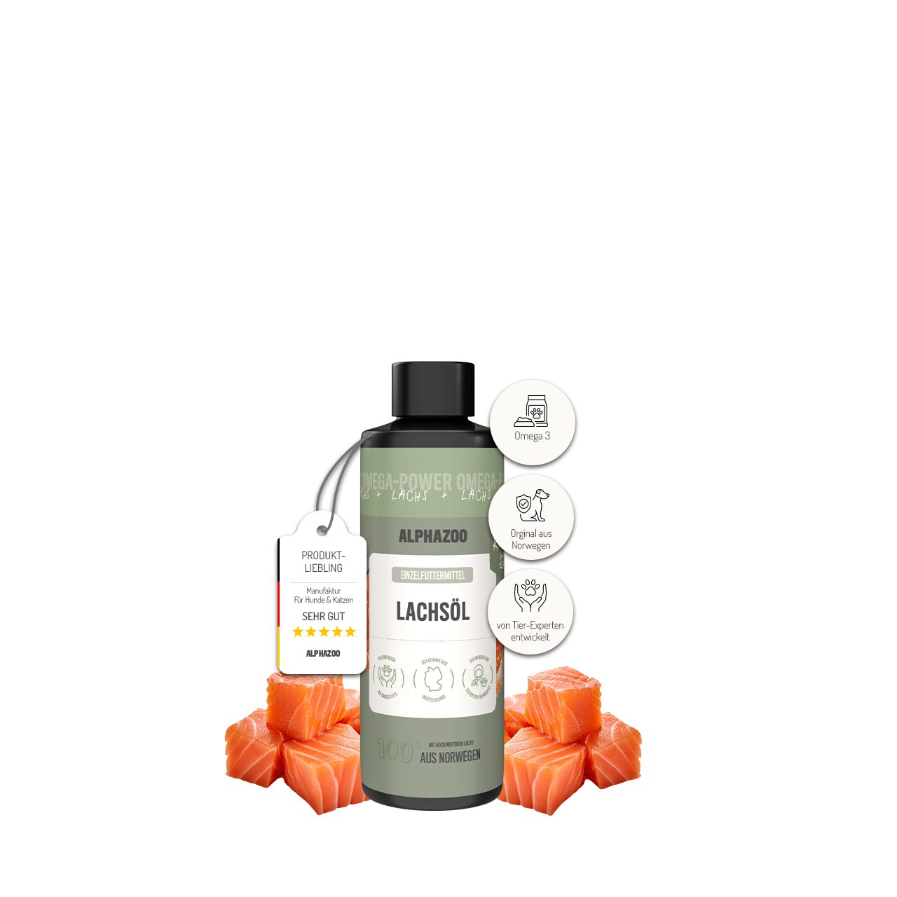 ALPHAZOO Lachsöl für Katzen 100 ml Natürliches Omega-3 Futteröl für Haut & Fell, Ergänzungsfutter für: Katzen
