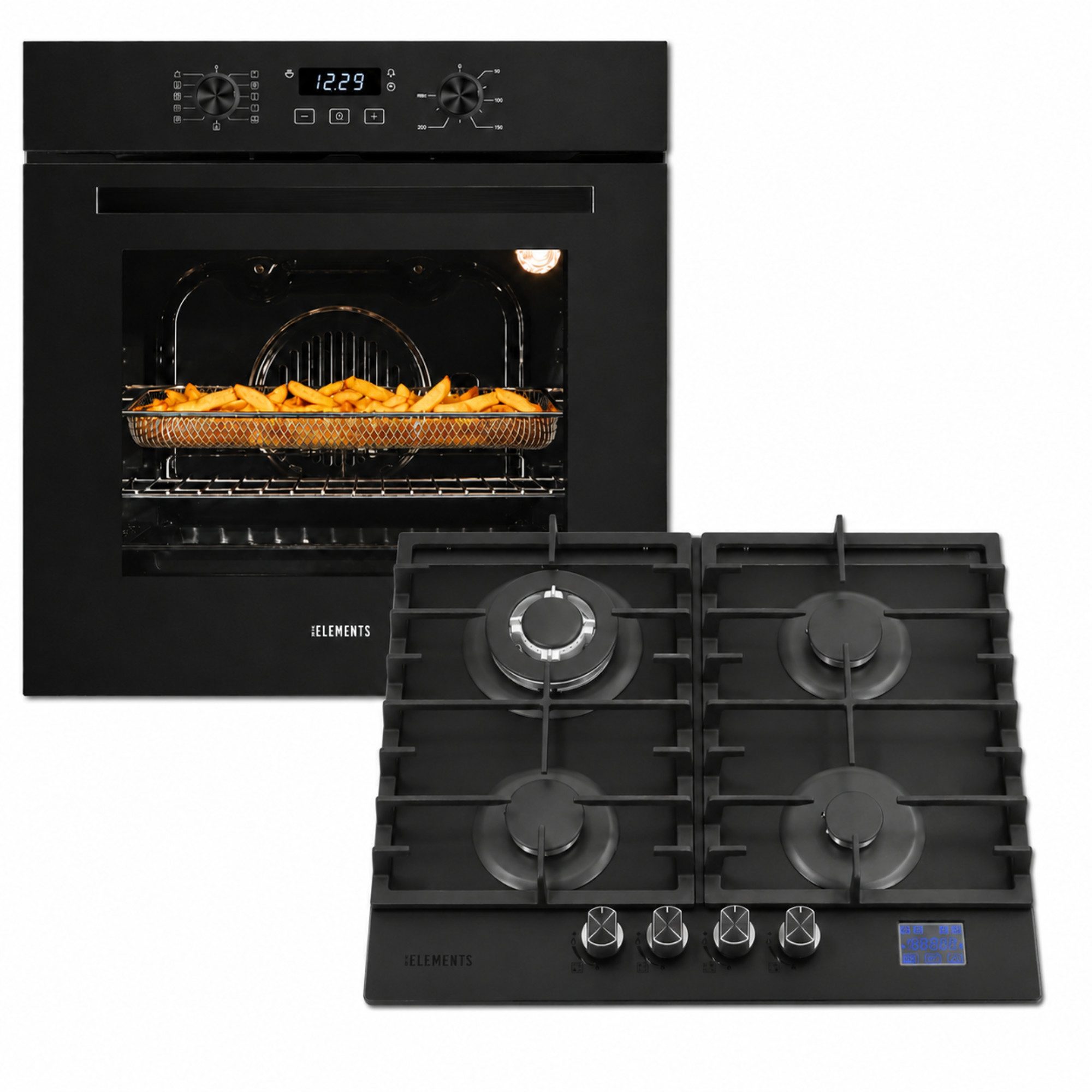 KB Elements Backofen-Set Einbaubackofen 60 cm mit Gaskochfeld 4 Flammig, Air Fry Funktion, Steam Clean, 4-Flammen-Gaskochfeld