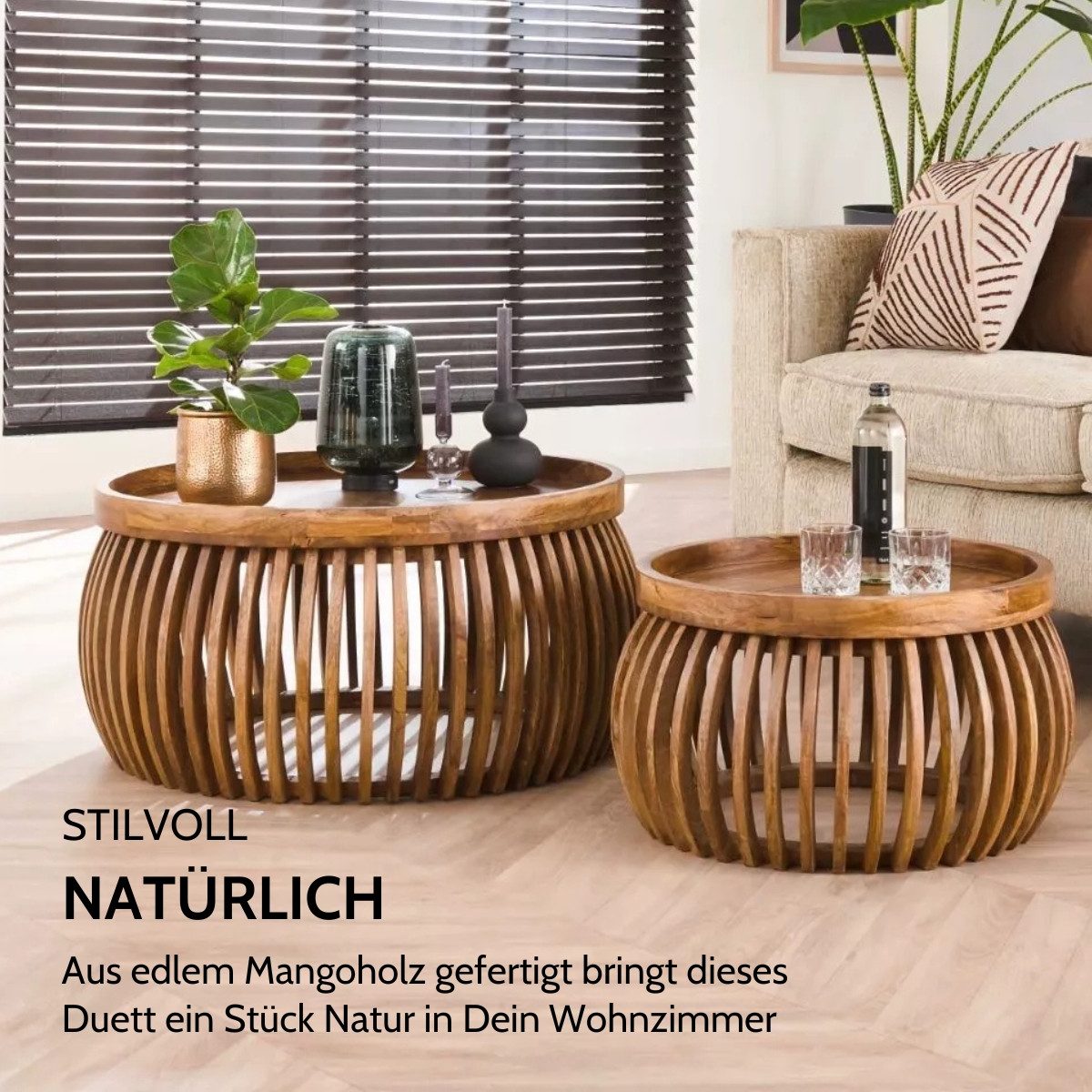 Liadomo Couchtisch Laos, Wohnzimmertisch, Beistelltisch, rund, Holzstrebengestell (2-St., 2er-Set), Mangoholz massiv, Tischplatte und Form rund