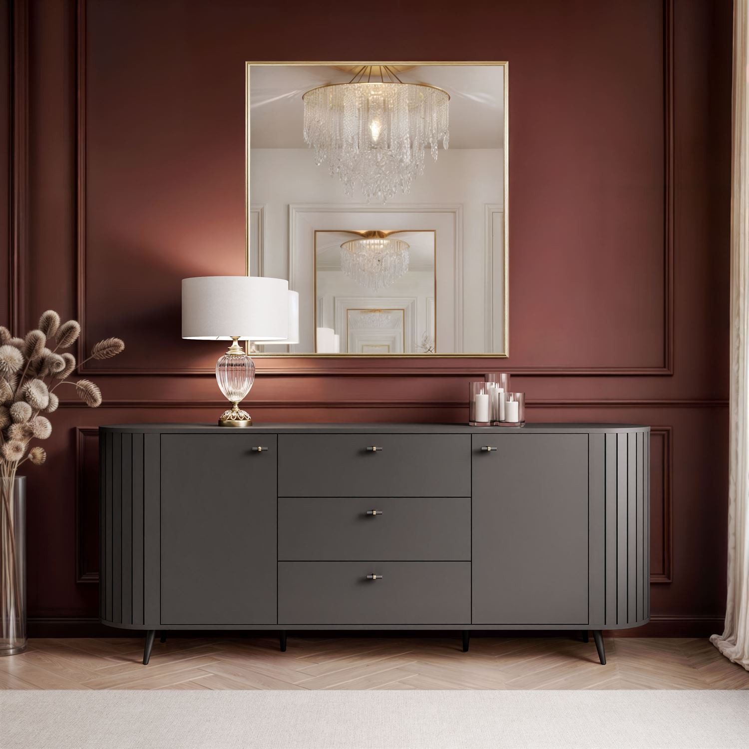 yourhouse24 Sideboard LINNEA 190cm 2D3S Runde Ecken Lamellen Kaschmir/Schwa günstig online kaufen