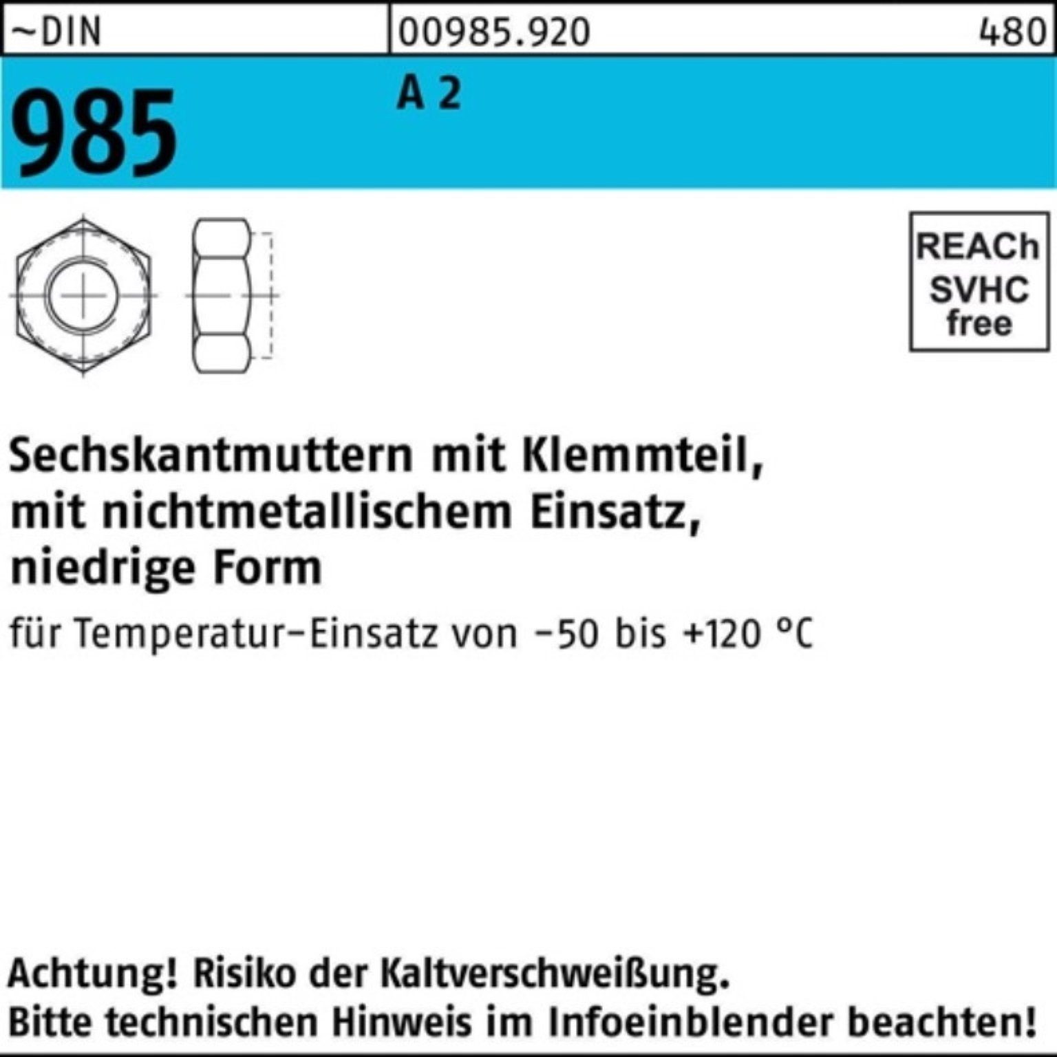 Reyher Muttern 100er Pack 009859200200000 Sechskantmutter DIN 985 m.Klemmteil M 20 A