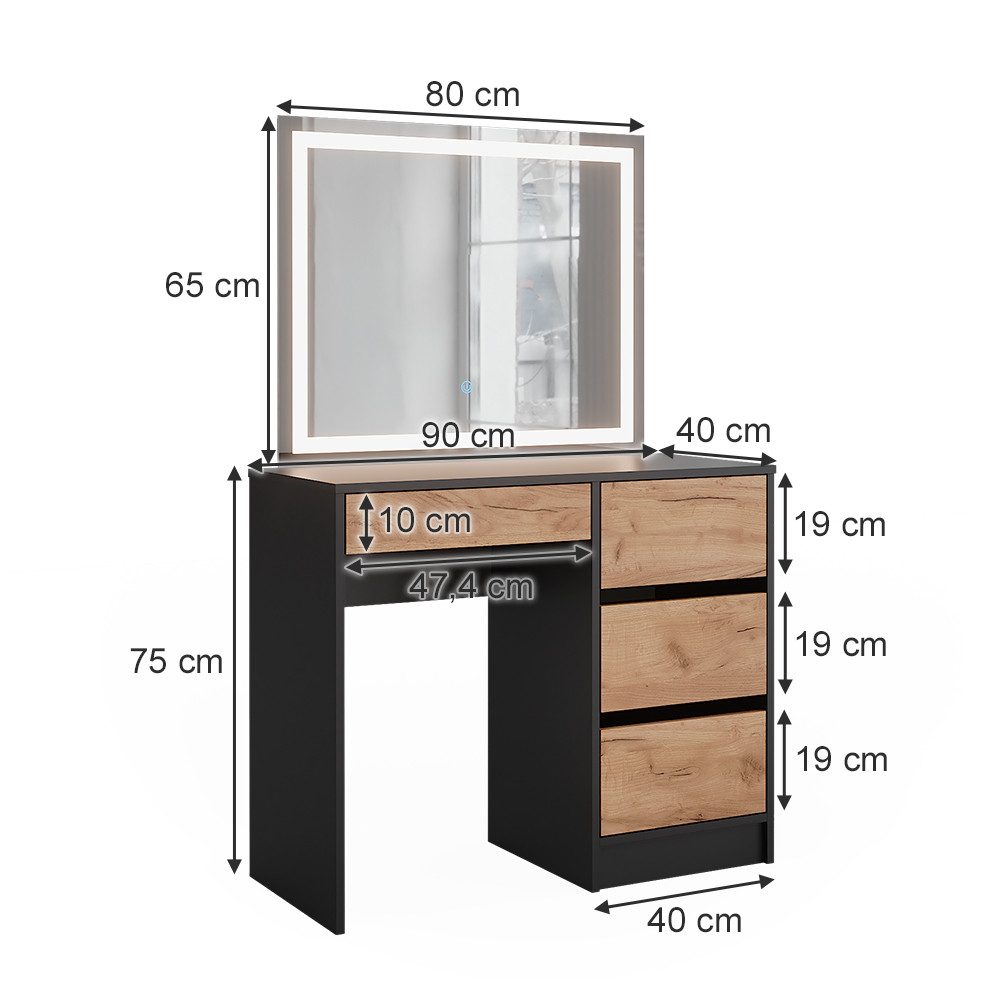 Vicco Schminktisch Sherry, Anthrazit/Goldkraft Eiche, 90 x 75 cm mit LED-Spiegel (2-St)