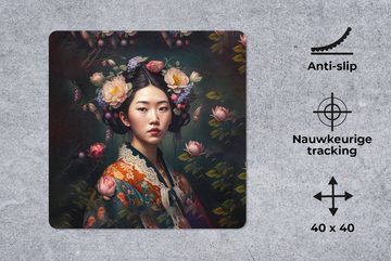 MuchoWow Gaming Mauspad Frau - Blumen - Kimono - Porträt - Asiatisch (1-St), Mousepad mit Rutschfester Unterseite, Gaming, 40x40 cm, XXL, Großes