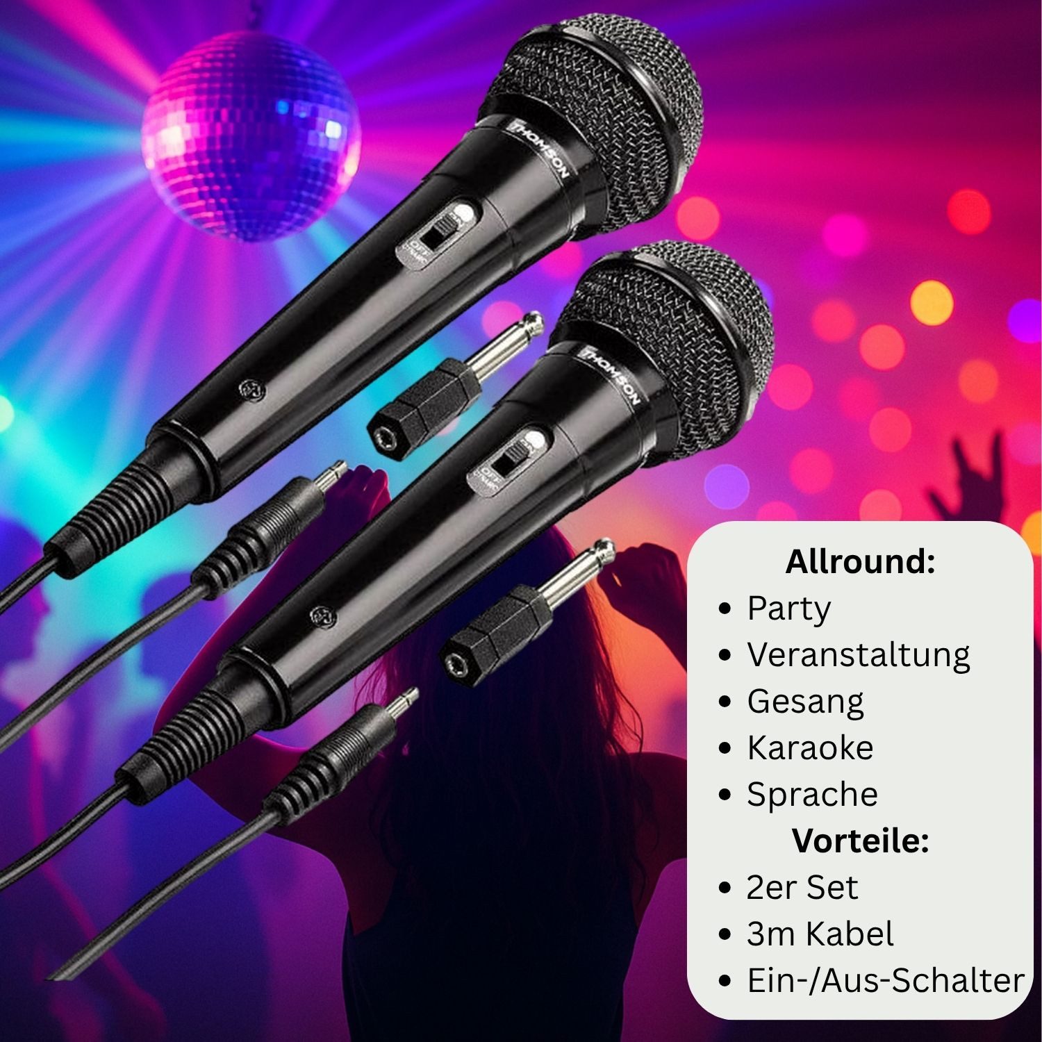 Thomson Mikrofon Set 2x Dynamisches Mikrofon kabelgebunden Schwarz (Set), 3m Kabel Party Veranstaltung DJ Mix Karaoke 3,5mm 6,35mm Stecker