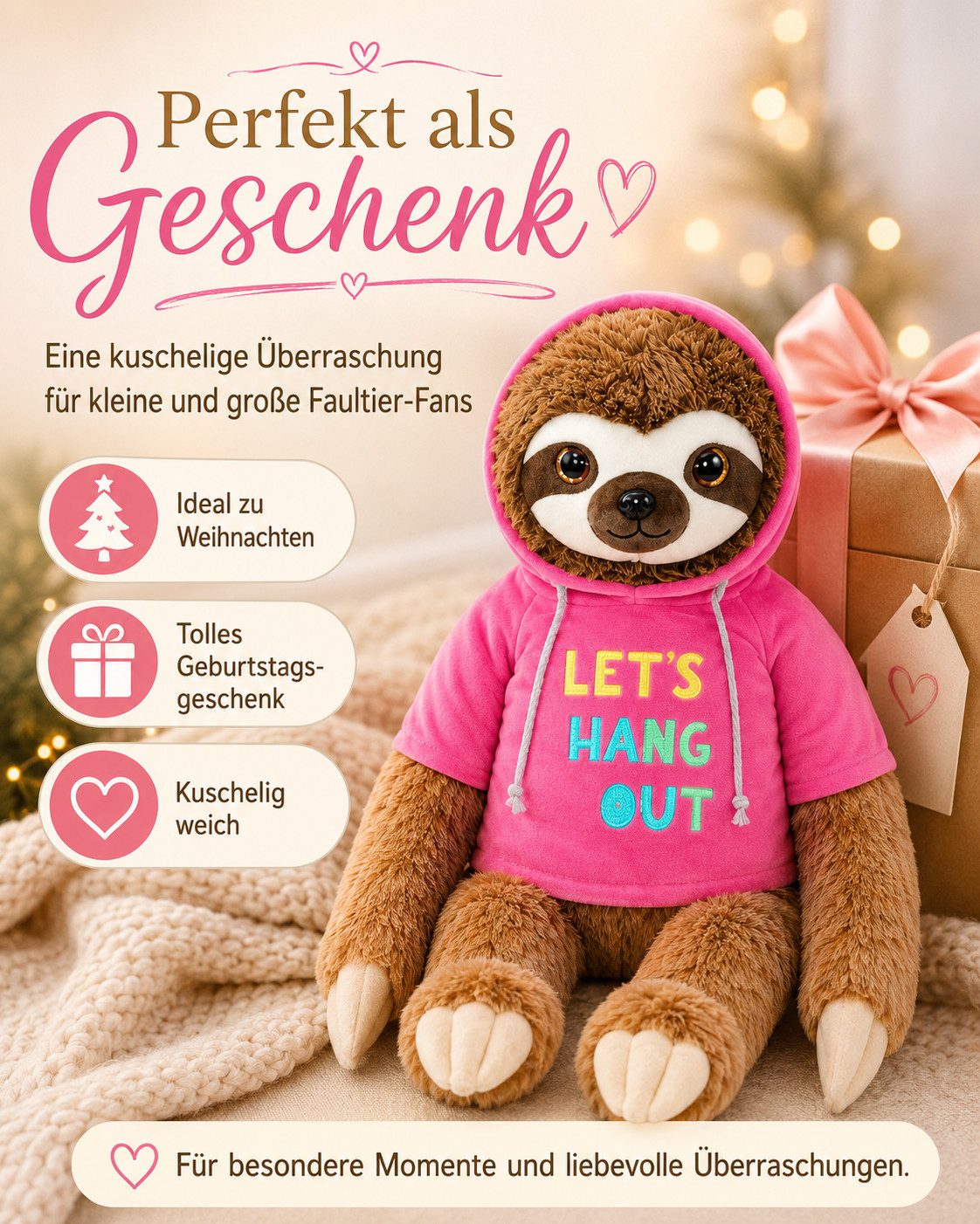 soma Kuscheltier Faultier Kuscheltier XXL 85cm Plüschtier Plush Stofftier Hang Out Rosa (Set, 1-St., Geschenk-Set), Riesiges Faultier mit blauem „Chill“-Hoodie zum Kuscheln & Verschenken