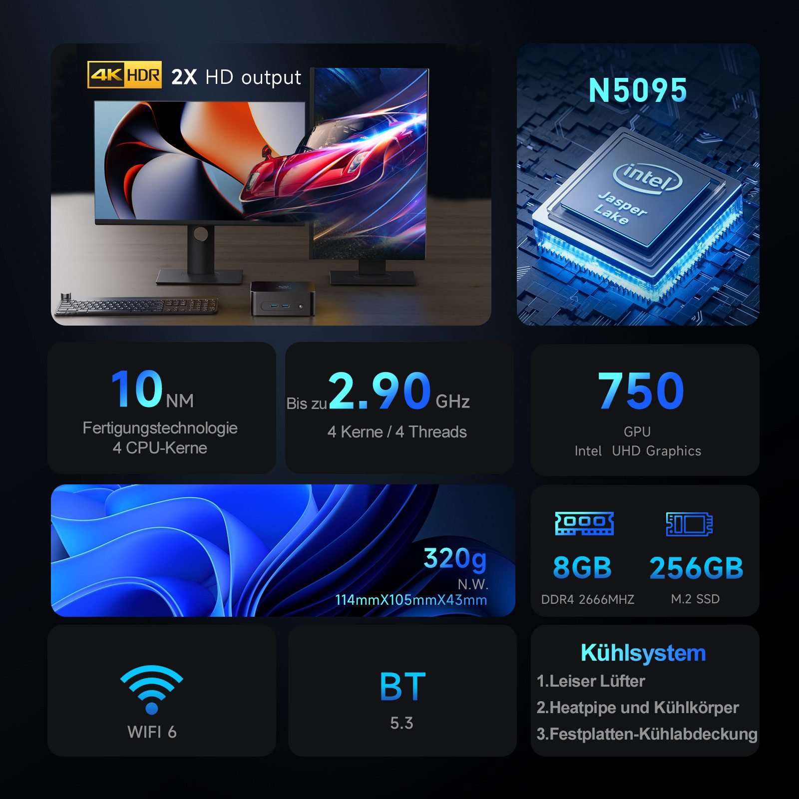 VASOUN Intel N5905 Mini-PC, 8 GB RAM, 256 GB SSD, Windows 11 Home Mini-PC (8G GB RAM, (WiFi 5, Bluetooth 4.2, Gigabit LAN, kompakt, Homeoffice)