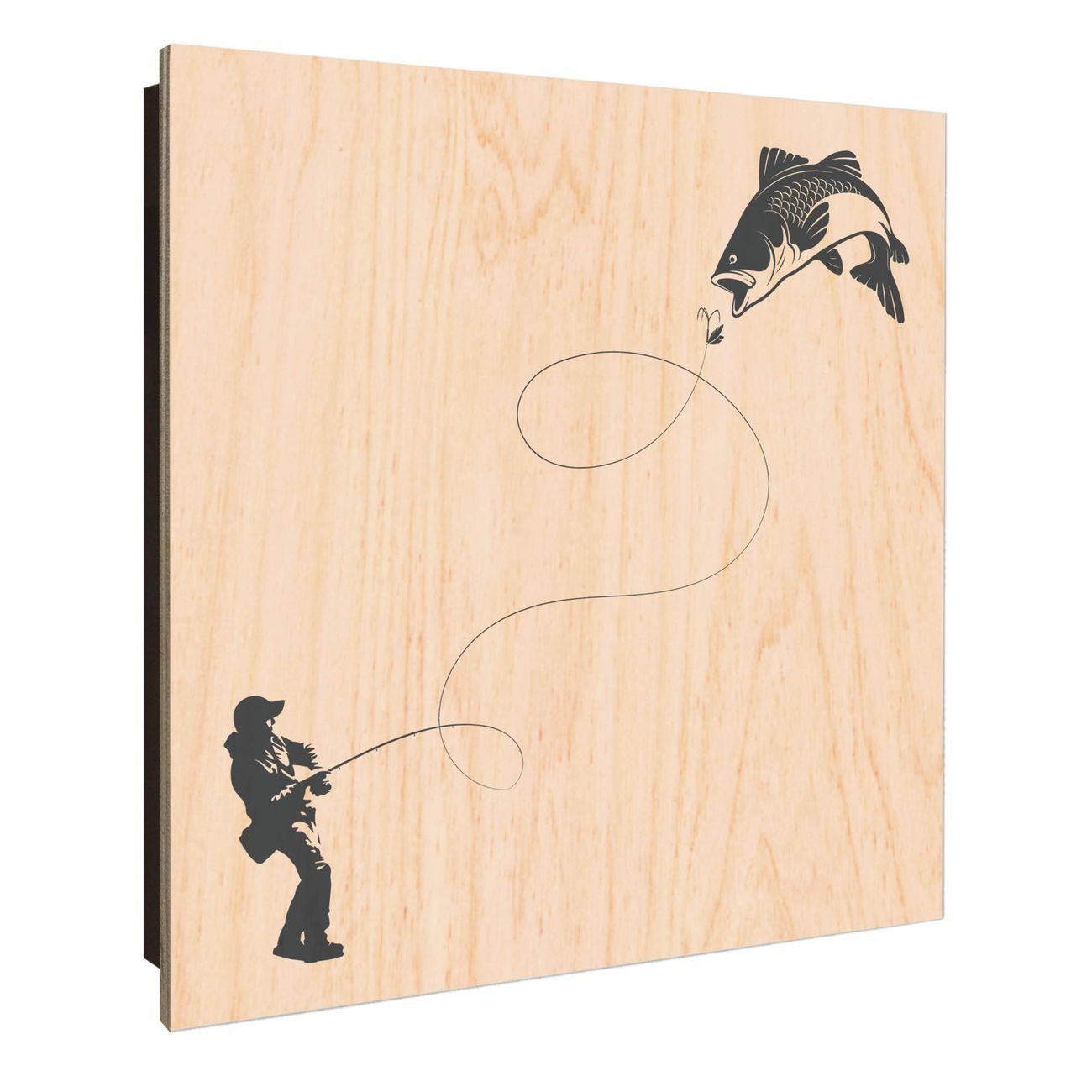 banjado Schlüsselkasten aus Holz mit Motiv Fischfang (Stahl Gehäuse, mit 50 Haken), 30 x 30 x 5 cm
