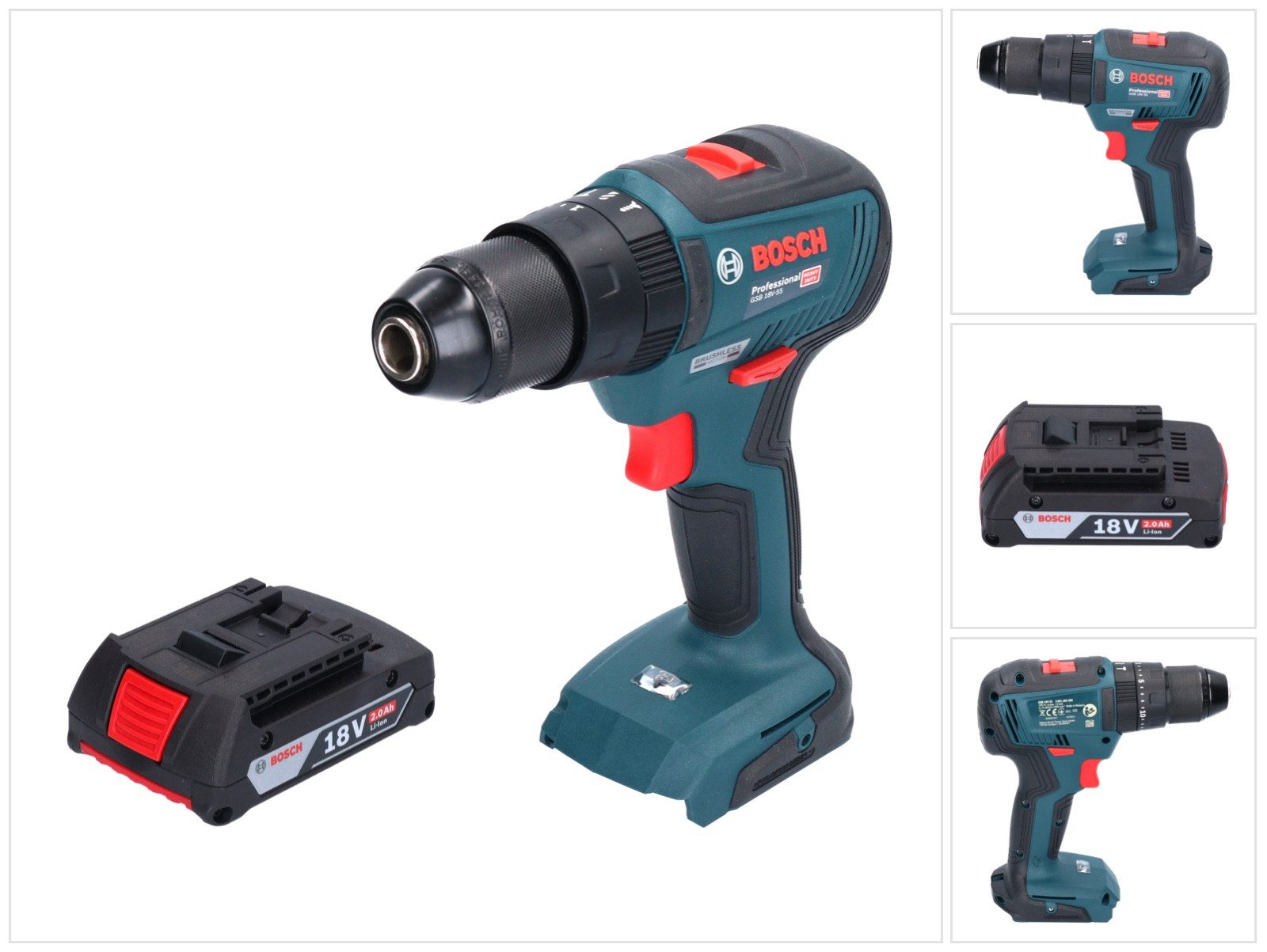 Bosch Professional Akku-Schlagbohrschrauber GSB 18V-55 Professional 18 V 55 Nm Brushless + 1x Akku 2,0 Ah