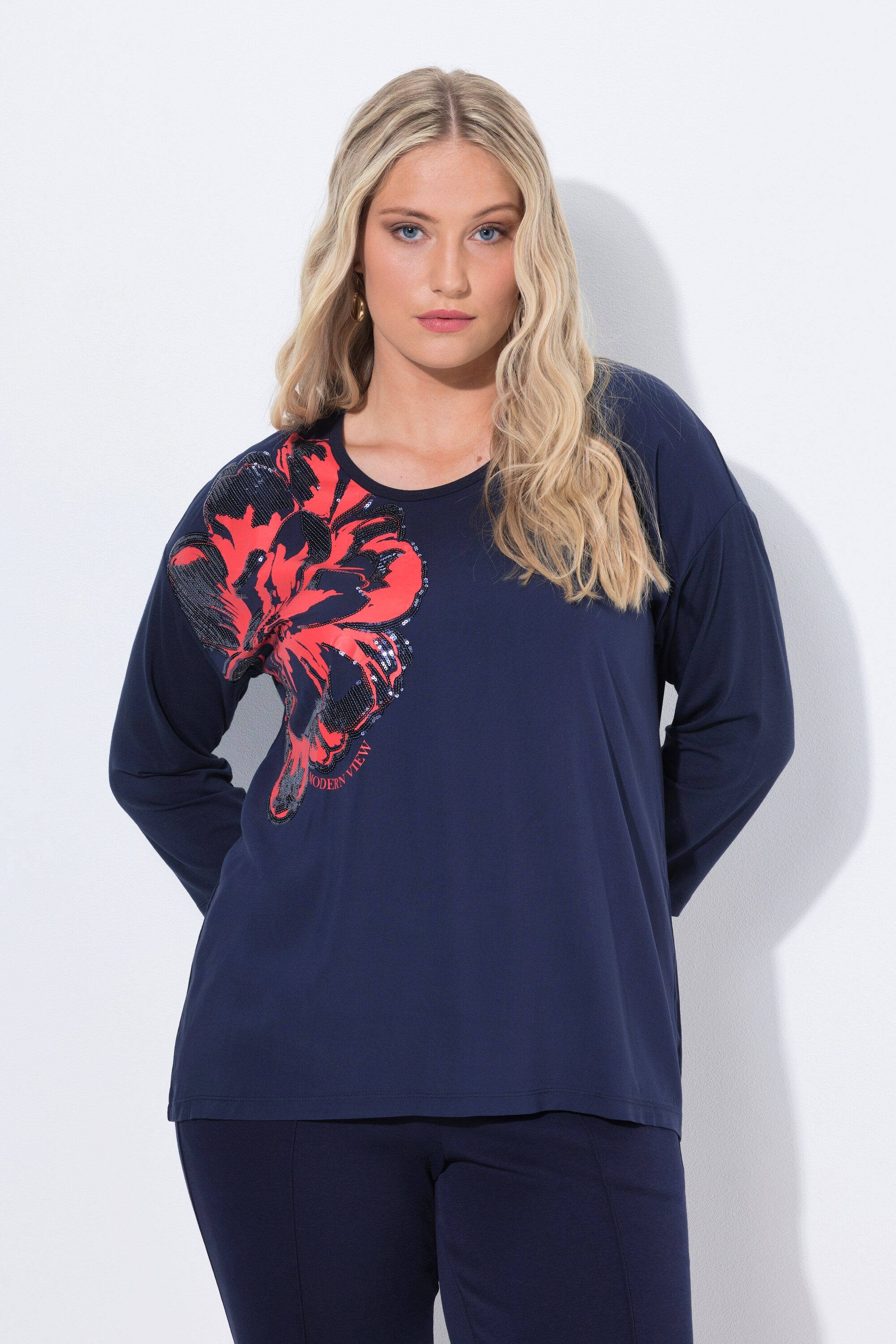 Ulla Popken T-Shirt Shirt Blüten-Applikation Oversized Rundhals günstig online kaufen