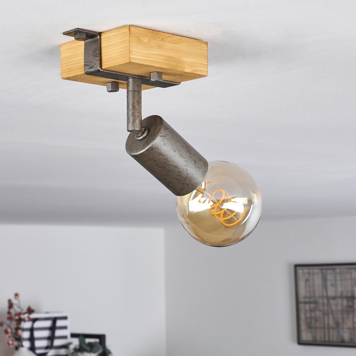 hofstein Deckenleuchte ohne aus verstellbare Industrial-Design im »Faro« Metall/Holz Fassung, Grau/Natur, Wandlampe in Leuchtmittel, Wandspot 1xE27