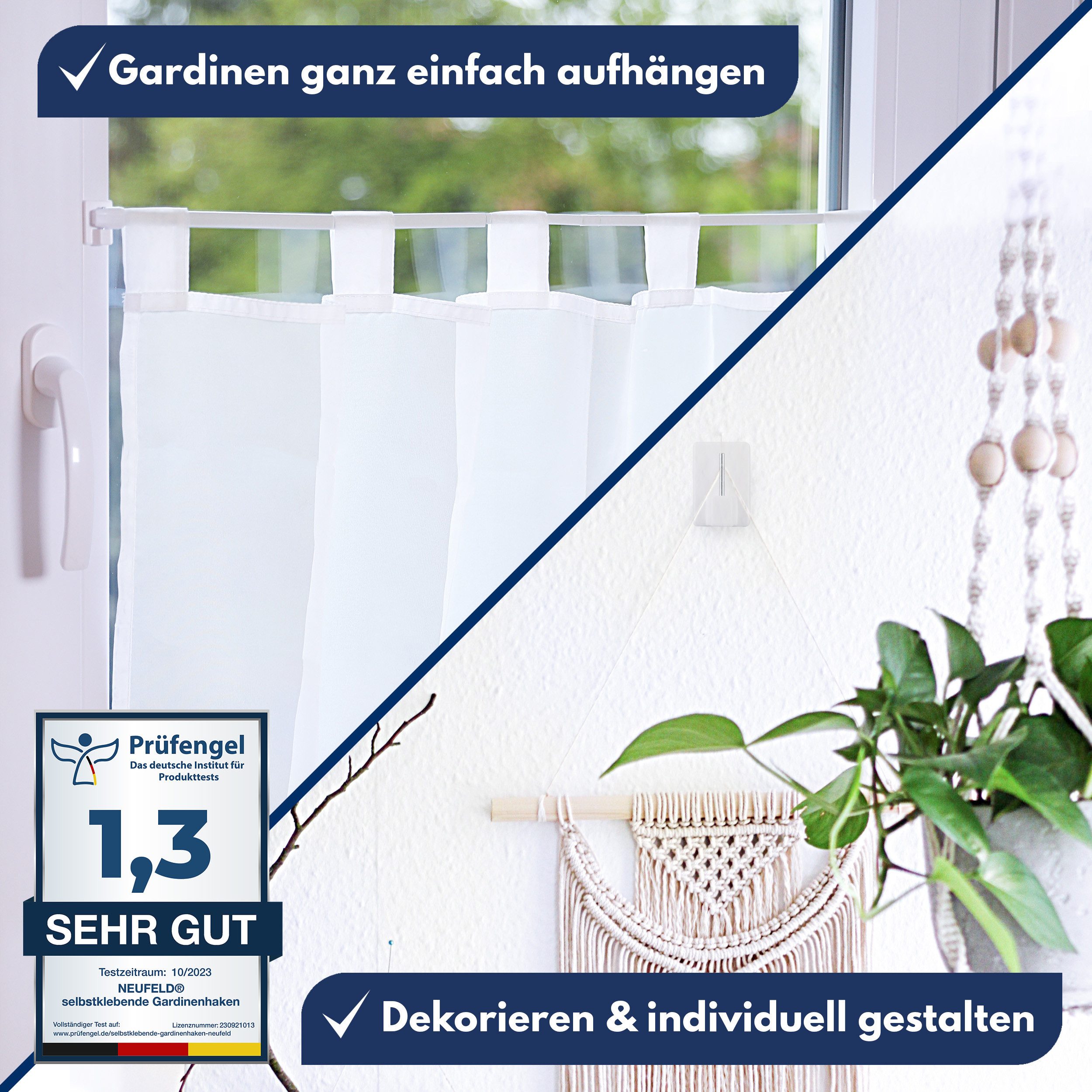 NEUFELD Gardinenhaken Selbstklebend Weiß mit 3M Klebefläche I 24 Stück I Ohne Bohren, Dekoration, Scheibengardinen, Vorhänge, Vitragestangen, (Set, 24 selbstklebende Gardinenhaken), Selbstklebend 3M Klebefläche Ohne Bohren Extra starker Halt