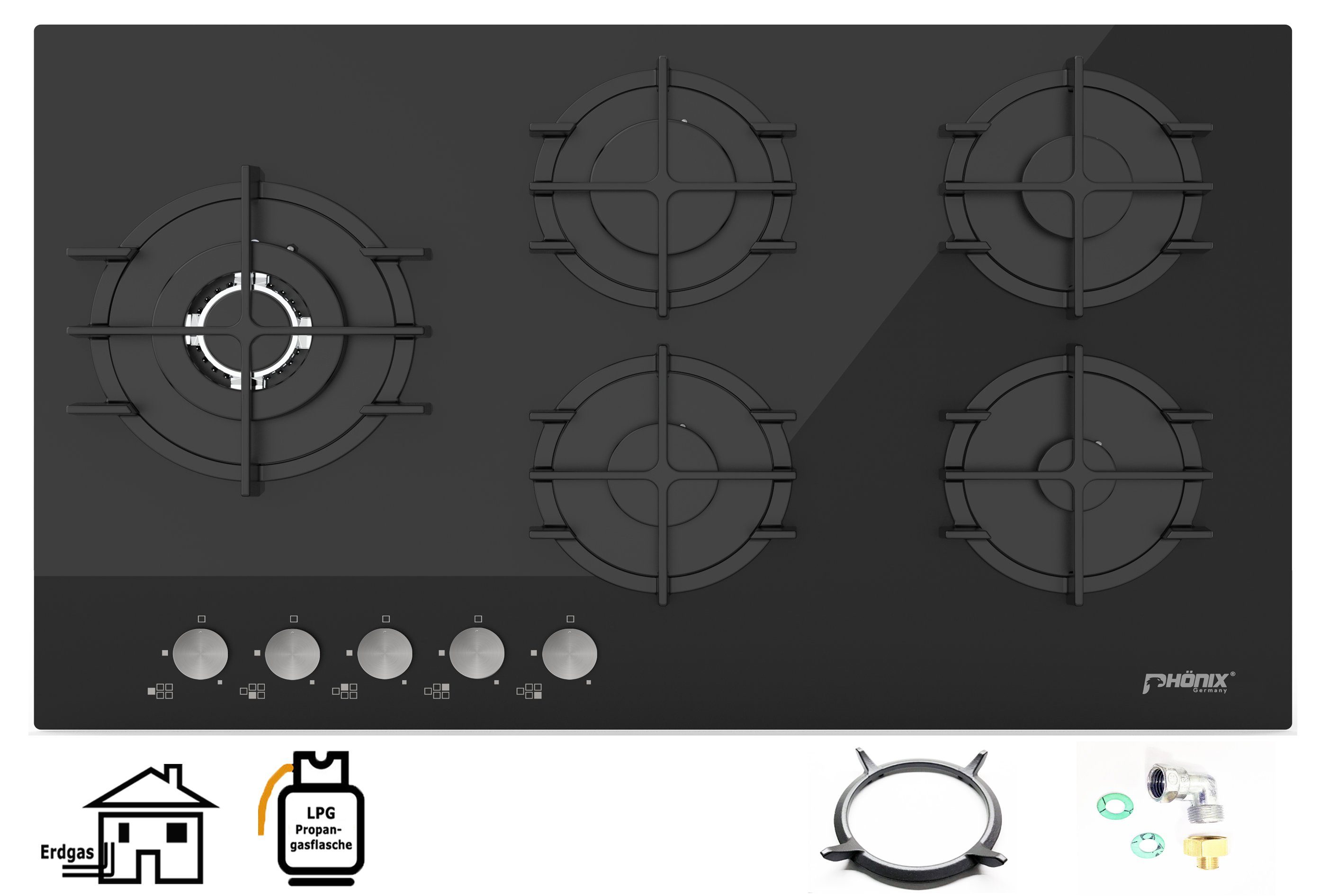 Phönix Germany Gas-Kochfeld PG-905SWL, Gaskocher 5 flammig mit Zündsicherung, Propan- / Erdgas, H-Gas