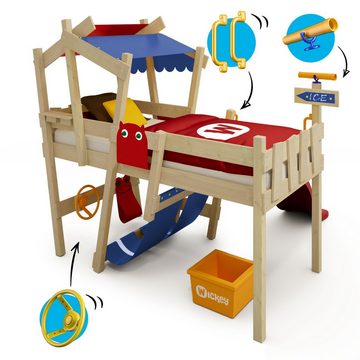 Wickey Kinderbett Crazy Hutty - Spielbett mit Rutsche 90 x 200 cm, Etagenbett (Holzpaket aus Pfosten und Brettern, Spielbett für Kinder), Massivholzbett