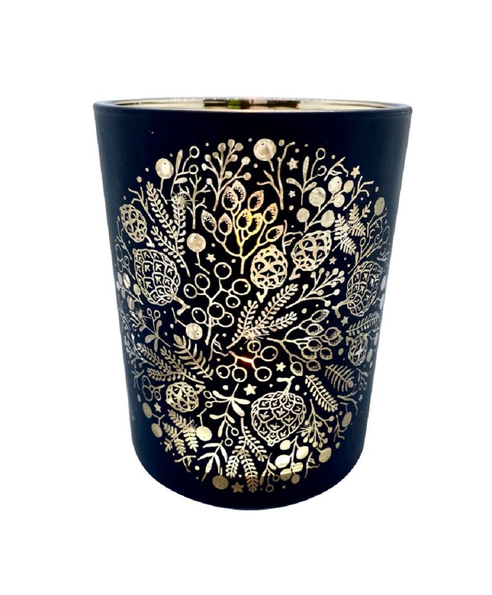 Parts4Living Windlicht Glas Teelichthalter mit Zapfen und Zweigen Teelichtglas Tischdeko Weihnachtsdeko schwarz gold, im edlen Design