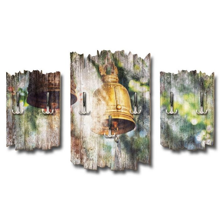 Kreative Feder Wandgarderobe Buddhistisches Kloster Dreiteilige Wandgarderobe Holz Wandbild Wanddeko Garderobe Kleiderhaken Natur Landschaft