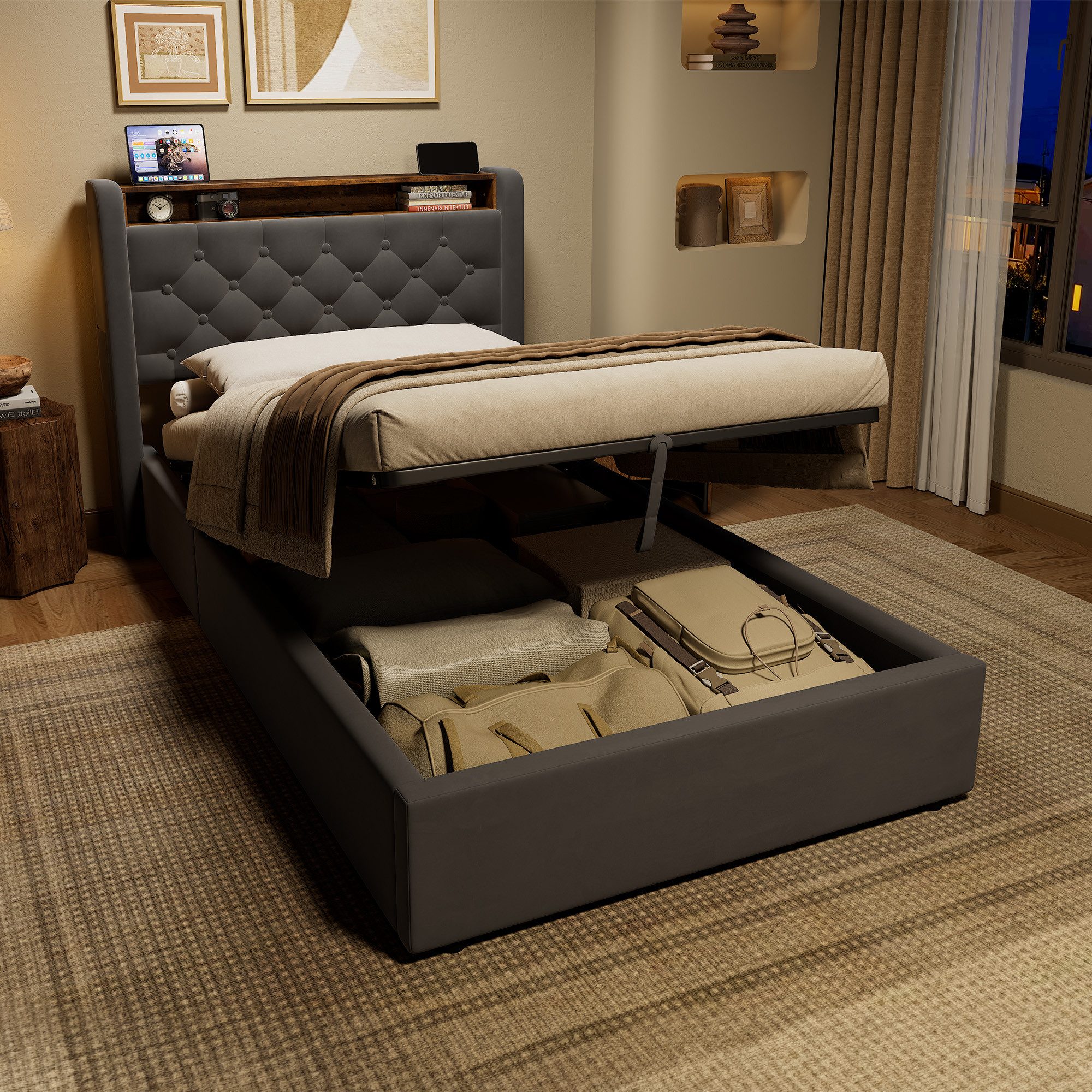HAUSS SPOLE Polsterbett Stauraumbett Boxspringbett Jugendbett mit Bettkasten & Kopfteil (90×200 Einzelbett Kinderbett mit Stauraum und klappbarem Kopfteil), Bettrahmen mit Matratze für den täglichen Komfort