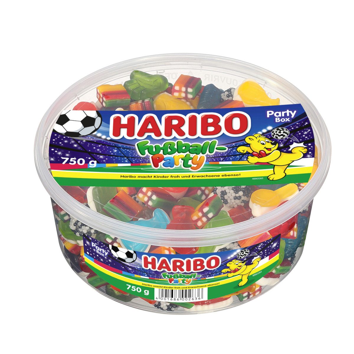 HARIBO Süßigkeit, Haribo Fußball Party Box Mischung aus Fruchtgummi Runddose 750g