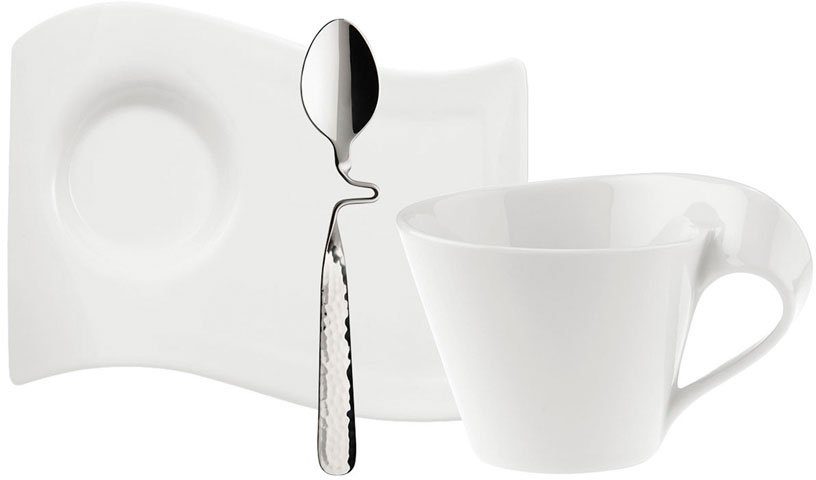 Villeroy & Boch Cappuccinotasse New Wave Cafè, Edelstahl Rostfrei, Porzellan, Made in Germany, inkl. Edelstahllöffel zum Einhängen