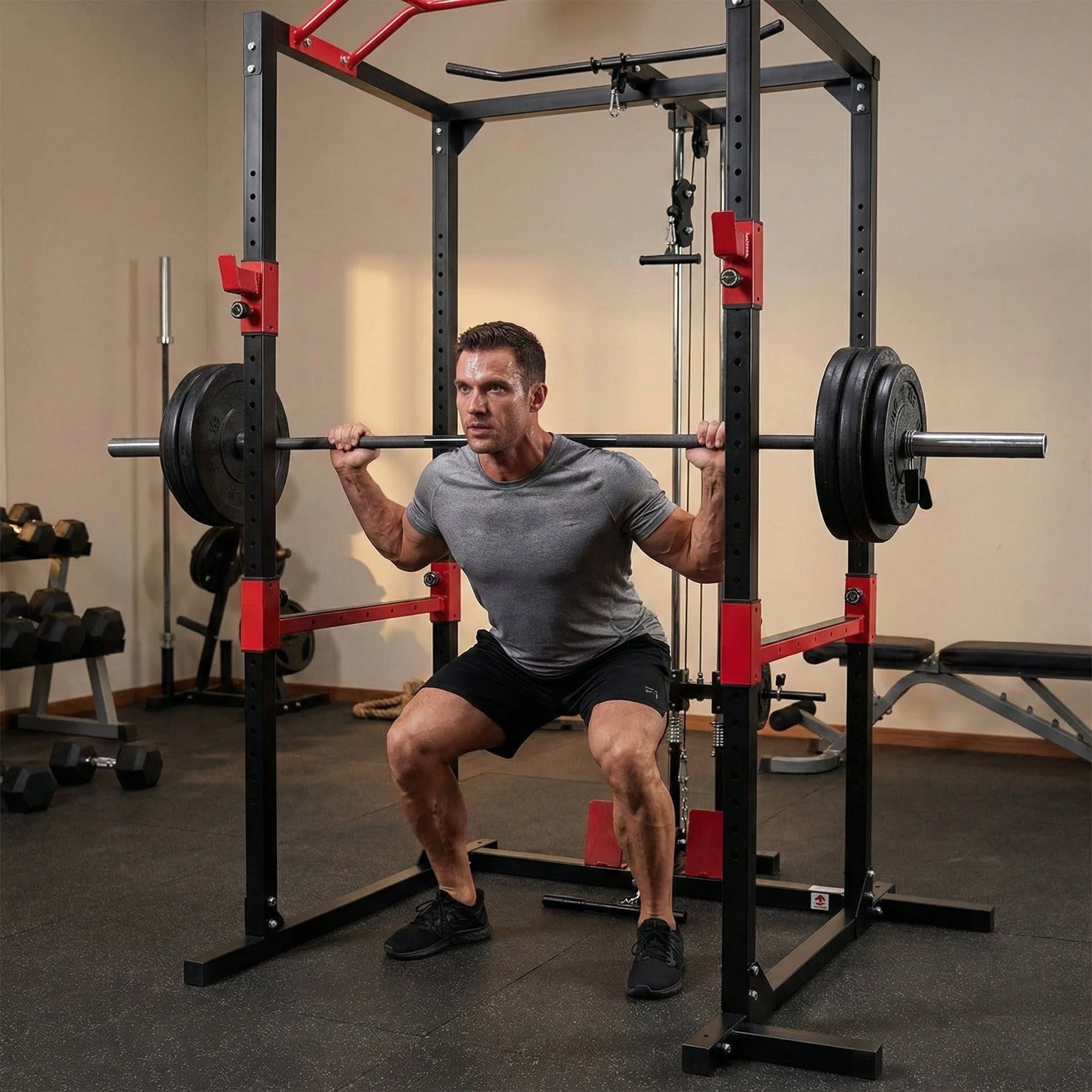 Levivo Power Rack Power Rack-Kraftstation, Power Cage,Mit Latzzug und Ruderfunktion