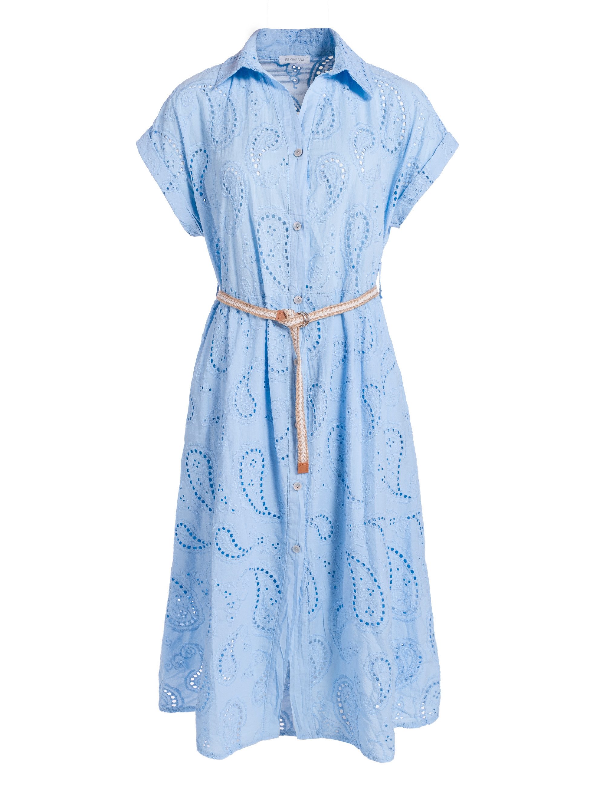 PEKIVESSA Sommerkleid Hemdblusenkleid mit Lochstickerei und Gürtel in Midilänge