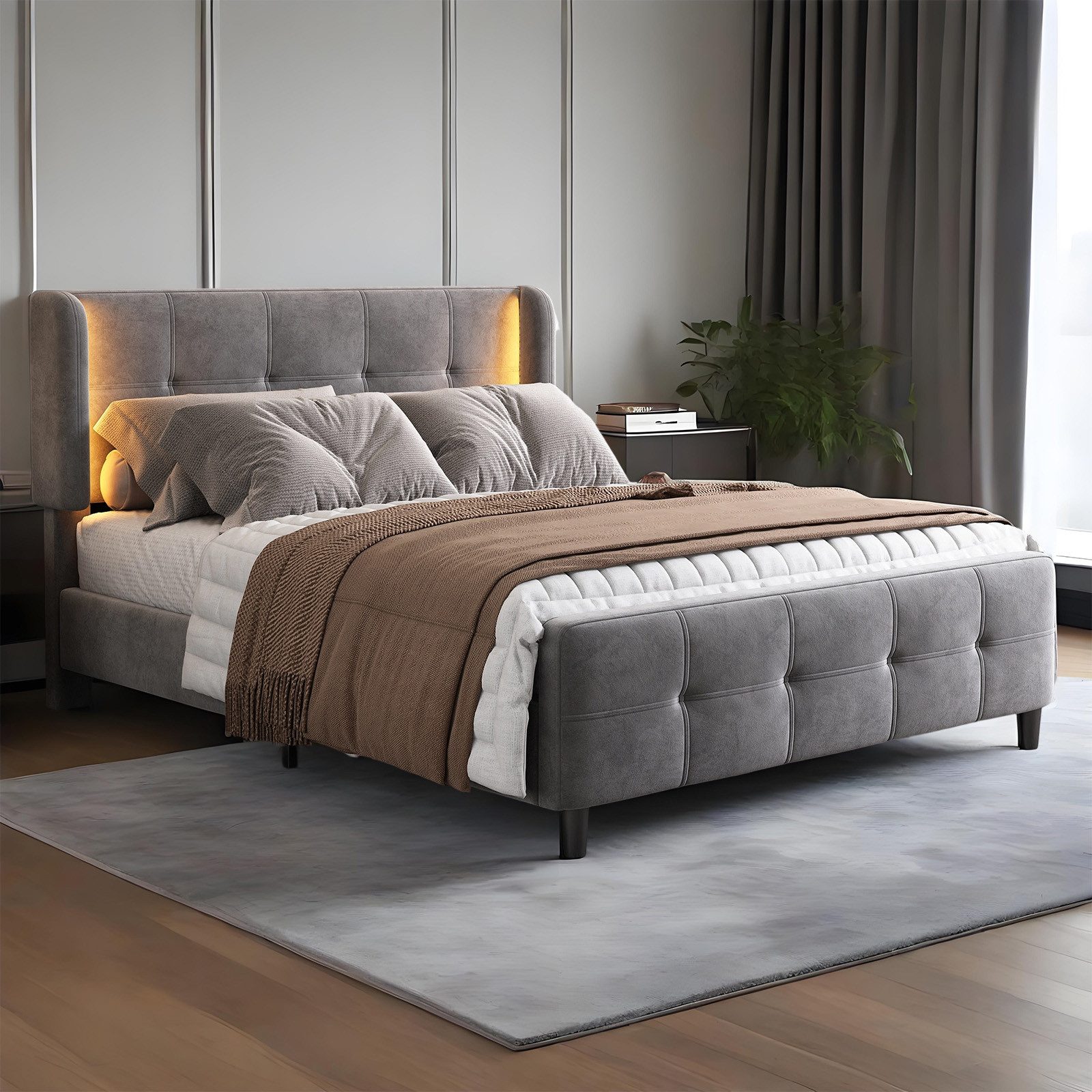 MODFU Polsterbett Funktionsbett mit 16-Farbiger LED-Beleuchtung, Verstellbarem Kopfteil (Doppelbett, Gesteppte Kopf- und Fußteil, Samtbezug, Stabiler Lattenrost, 140x200cm), Ohne Matratze