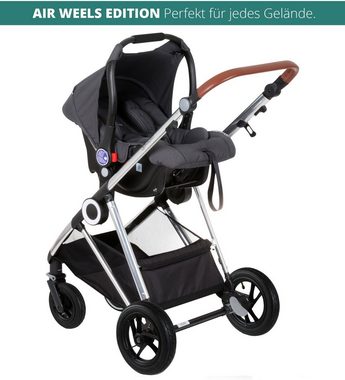 BabyGo Kombi-Kinderwagen Halime AIR 3in1, Grey Silver, mit Luftreifen, inkl. Babywanne, Babyschale, Regenhaube & Wickeltasche