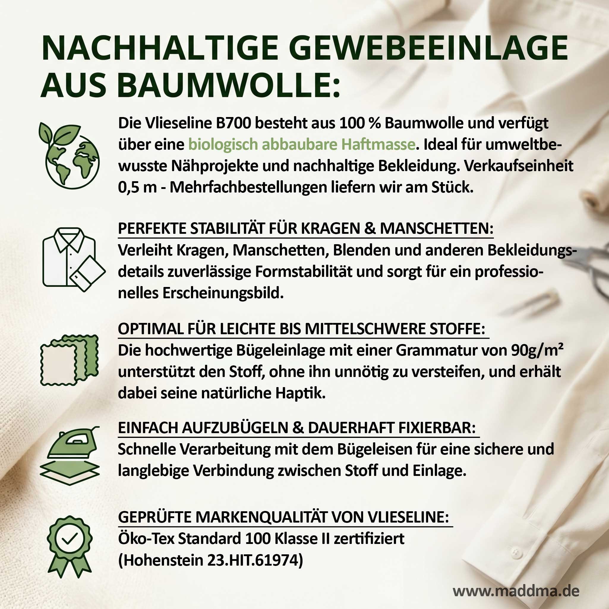 Vlieseline Stoff Vlieseline B700 Baumwolle Nachhaltige Gewebeeinlage mit Bio-Haftmasse