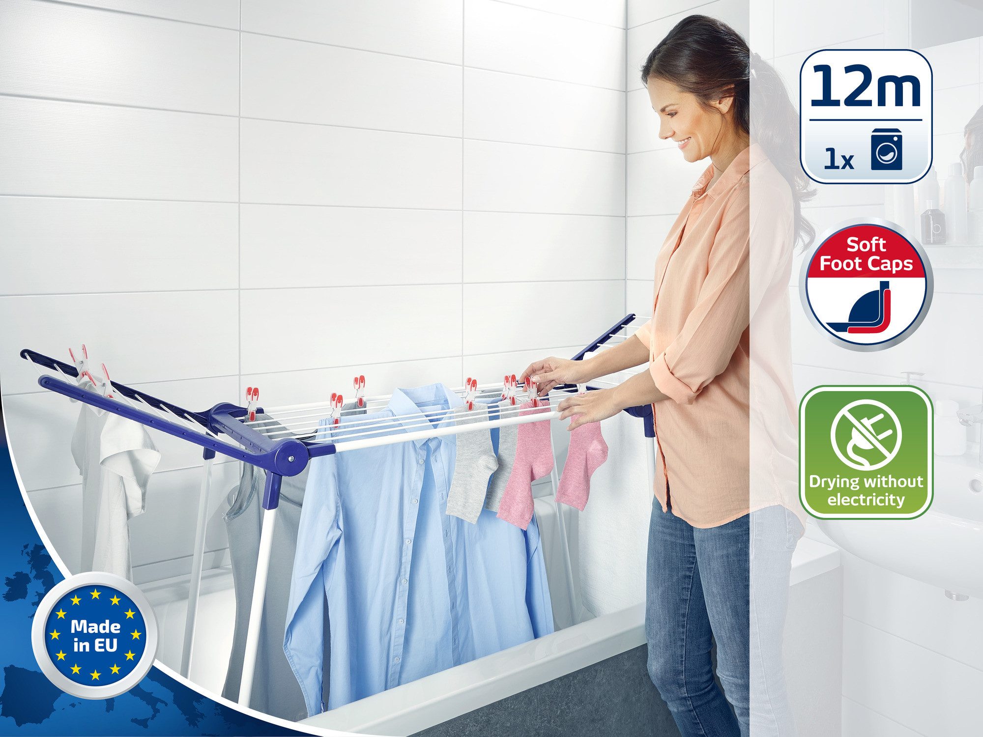 Leifheit Badewannen-Wäscheständer Standtrockner Pegasus 120 Solid Bath, 12m Trockenlänge, 93cm Flügelhöhe, schmal (43cm), passt in Badewannen