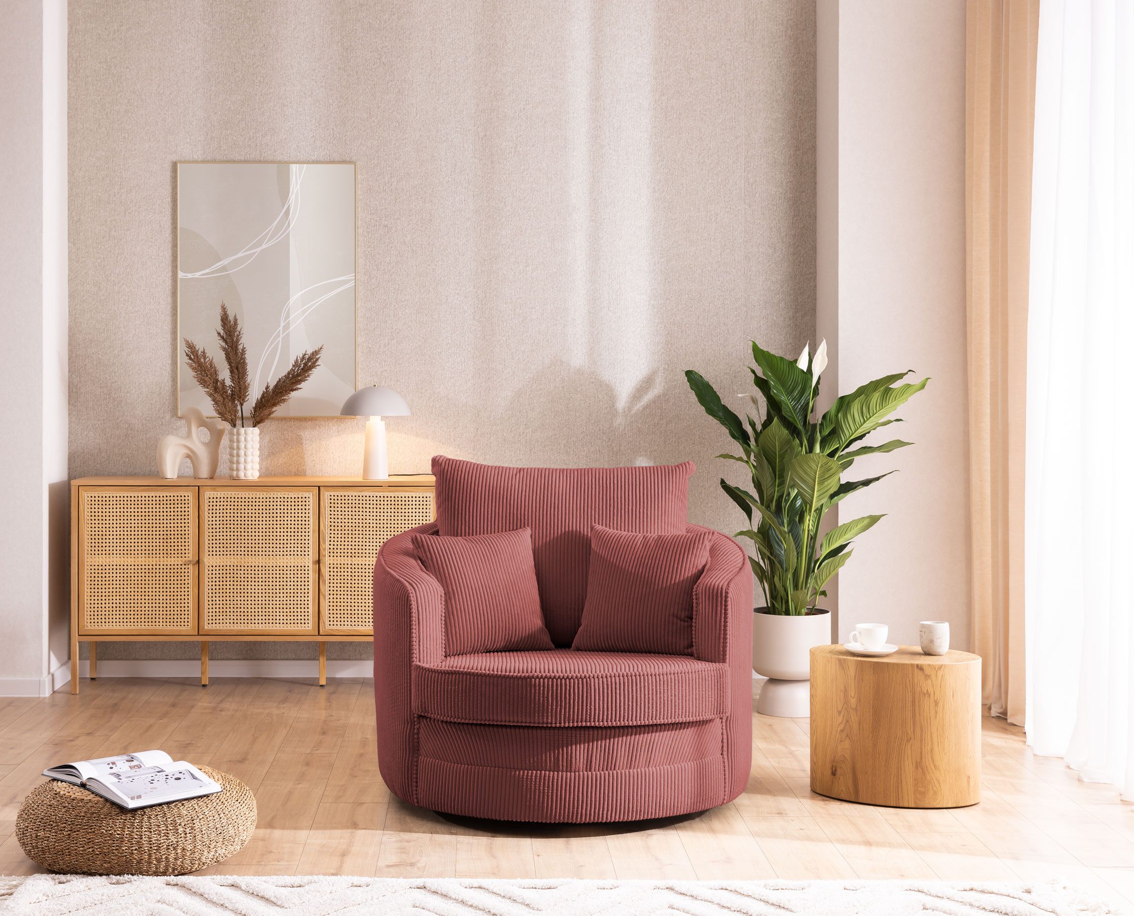 S-Style Möbel Drehsessel Ted Love Seat XXL 360 Grad drehbar aus Cord-Stoff, mit Wellenfederung