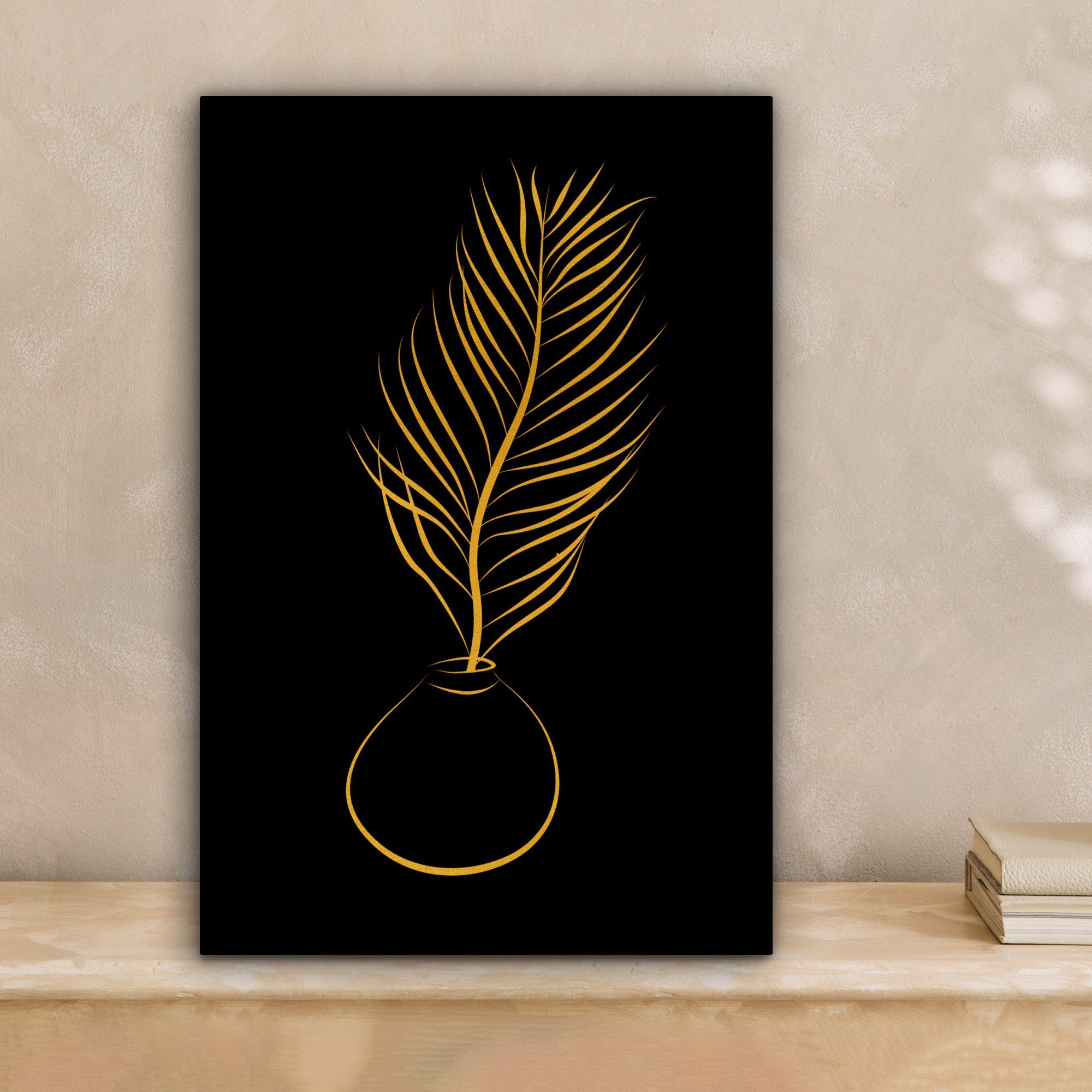 Topf Pflanze bespannt Gold, St), - OneMillionCanvasses® - (1 cm inkl. Zackenaufhänger, 20x30 Linienkunst Gemälde, Leinwandbild Leinwandbild - fertig