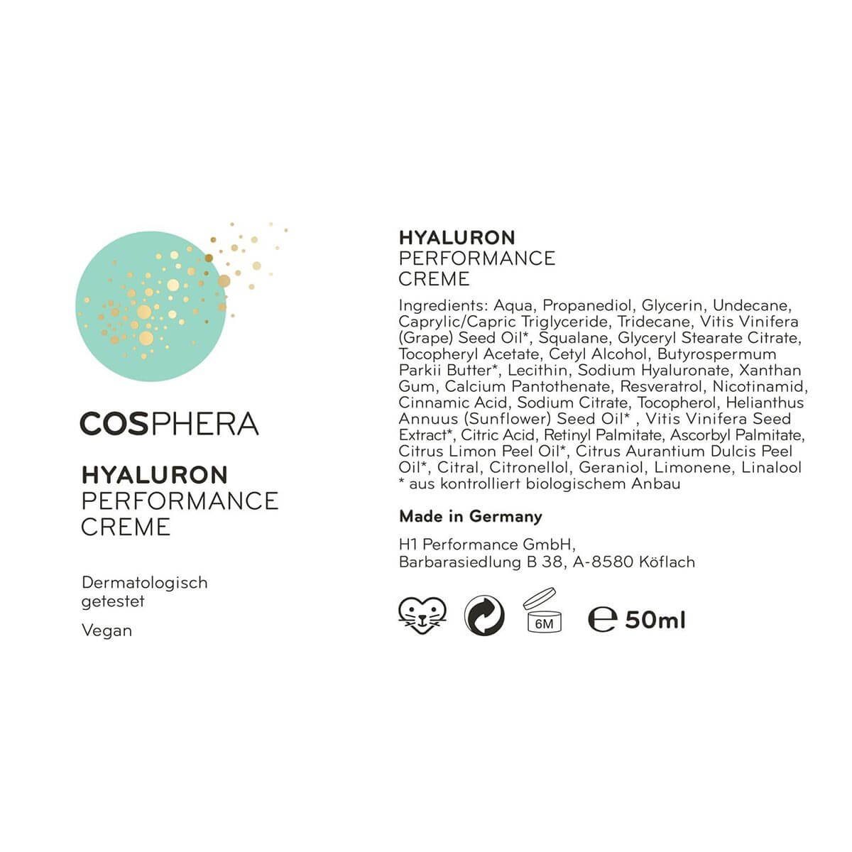 Cosphera Anti-Aging-Creme Cosphera - Hyaluron Performance Creme 50 ml - vegane Tages- und Nachtc, Feuchtigkeitsspendende Anti-Aging-Creme
