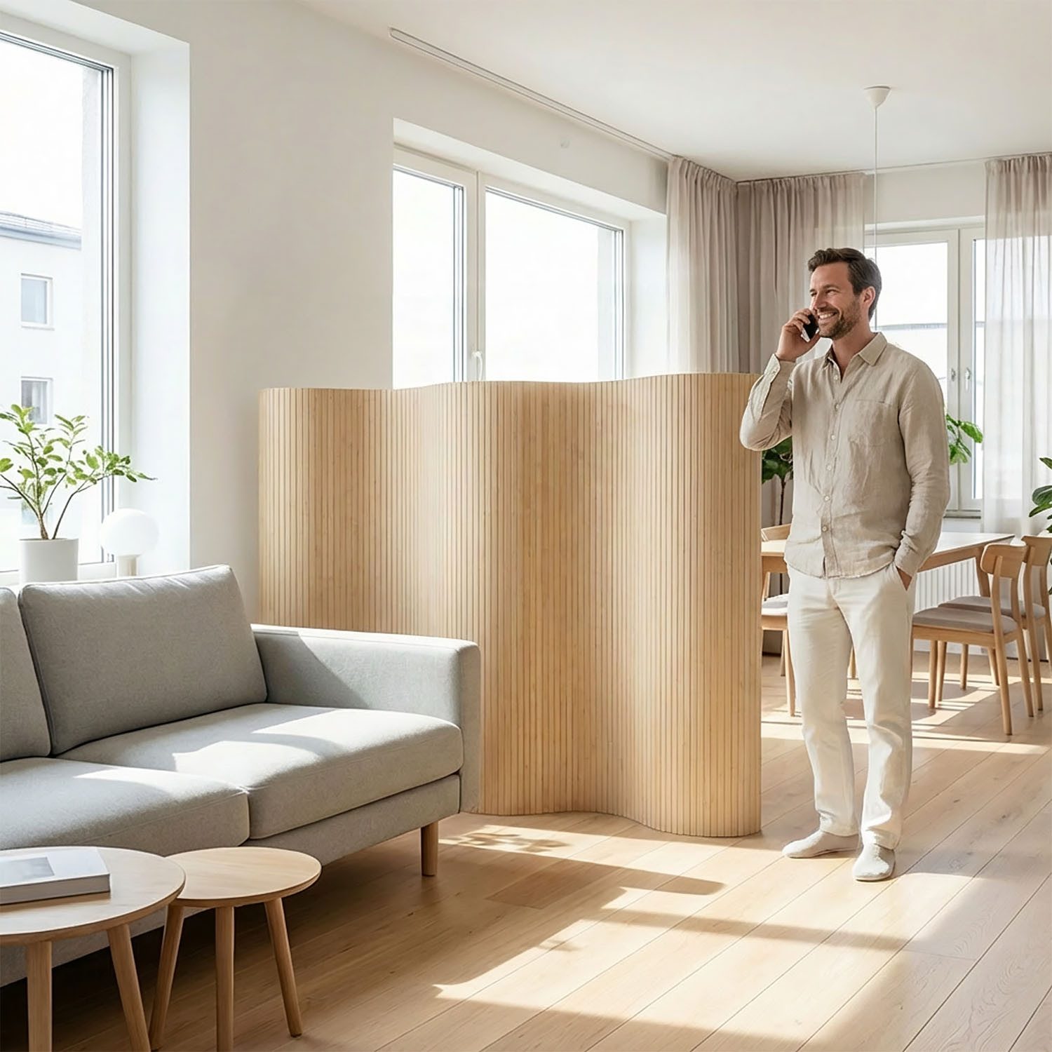 Homestyle4u Paravent Raumteiler Indoor Holz Trennwand Bambus Sichtschutz 145x200 195x200 (1 St), Braun, Faltwand