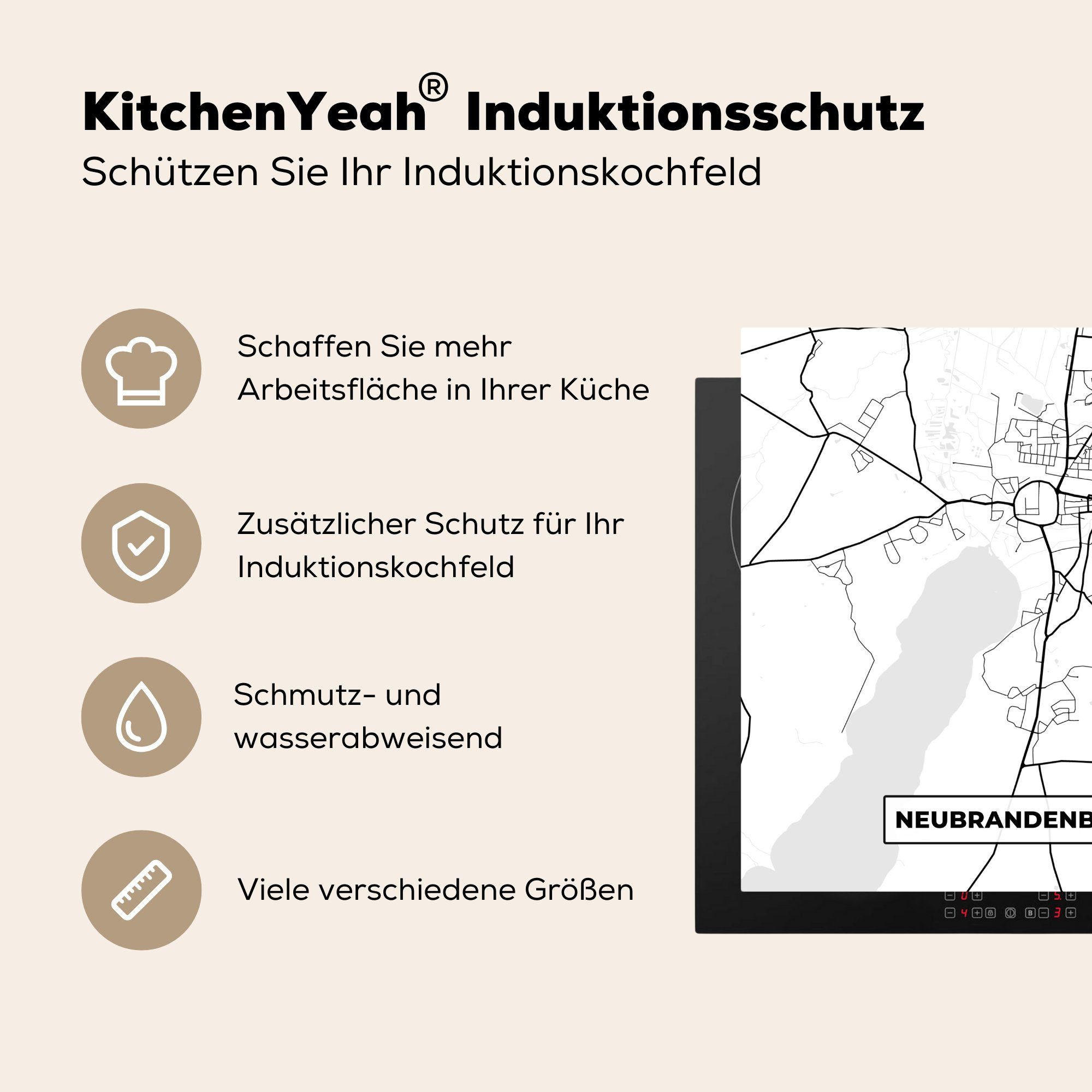 MuchoWow Herdblende-/Abdeckplatte Neubrandenburg - (1 Ceranfeldabdeckung, 78x78 Lageplan, tlg), - küche für Karte Arbeitsplatte Vinyl, cm