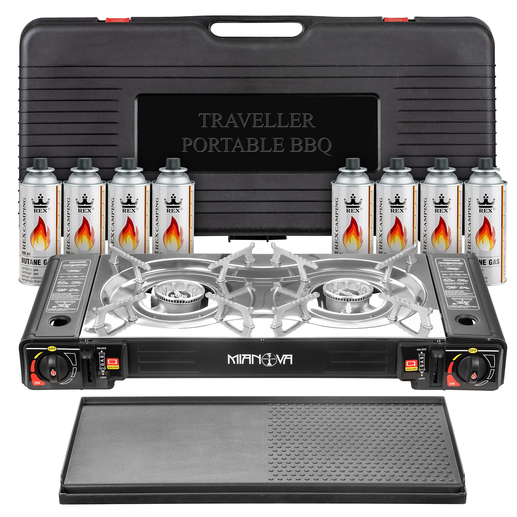 Mianova Gaskocher Doppel Campingkocher Gaskocher 2 Flammig Grillplatte + Gaskartuschen, (Mobiler Gaskocher 2-Flammig Outdoor Camping Festival Kocher mit Grillplatte), mit automatischer Piezo-Zündung, inkl. Adapter für LPG Anschluss