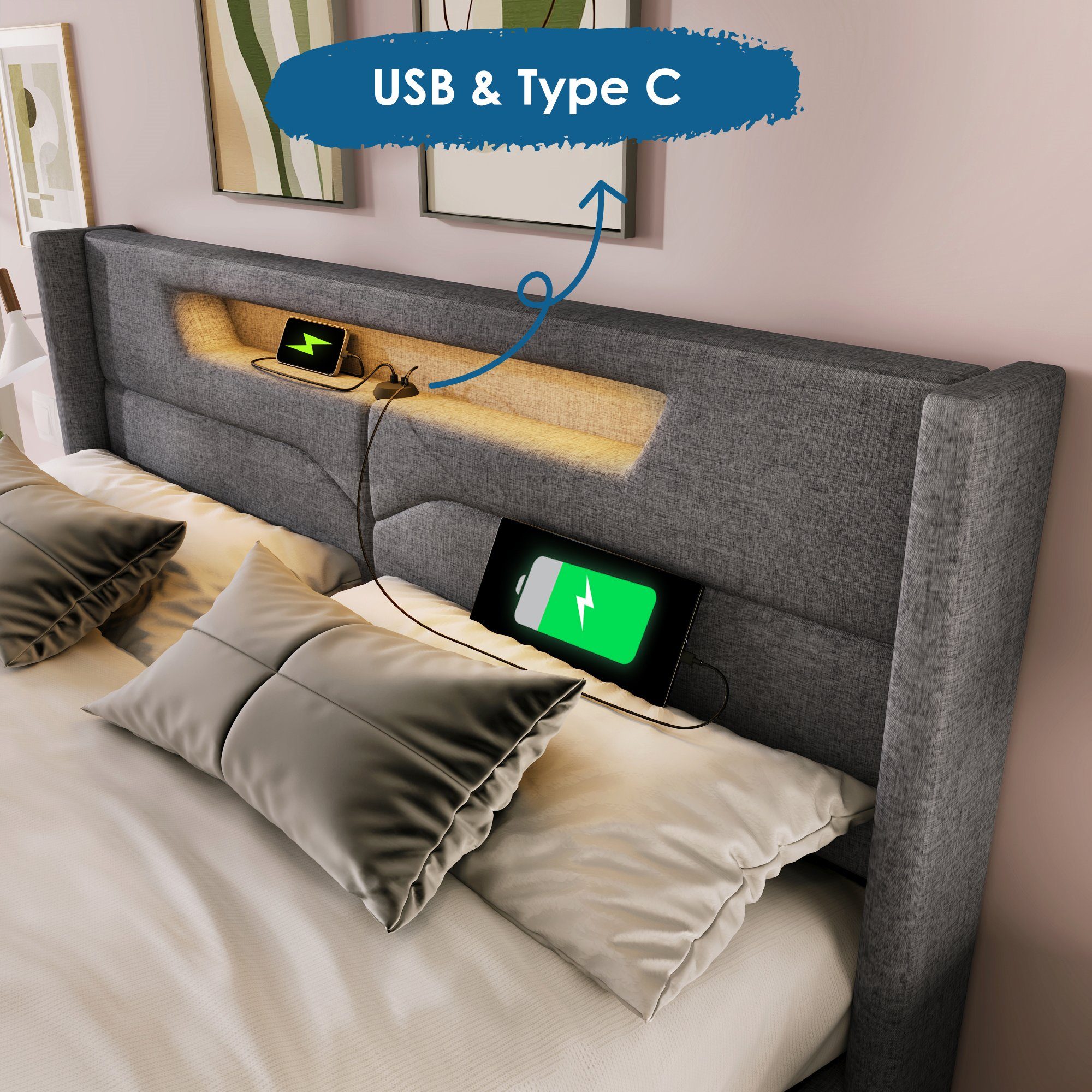 Polsterbett (Hydraulisches Bett mit Lattenrost und LED-Beleuchtung), Stauraumbett mit USB Typ C Ladefunktion Kopfteil, Leinen, 140x200cm