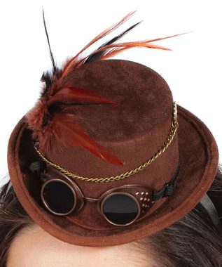 Karneval-Klamotten Kostüm Mini Zylinder Hut Steampunk mit Brille, Mini Damenhut mit Brille Feder ud Kette braun Showhut