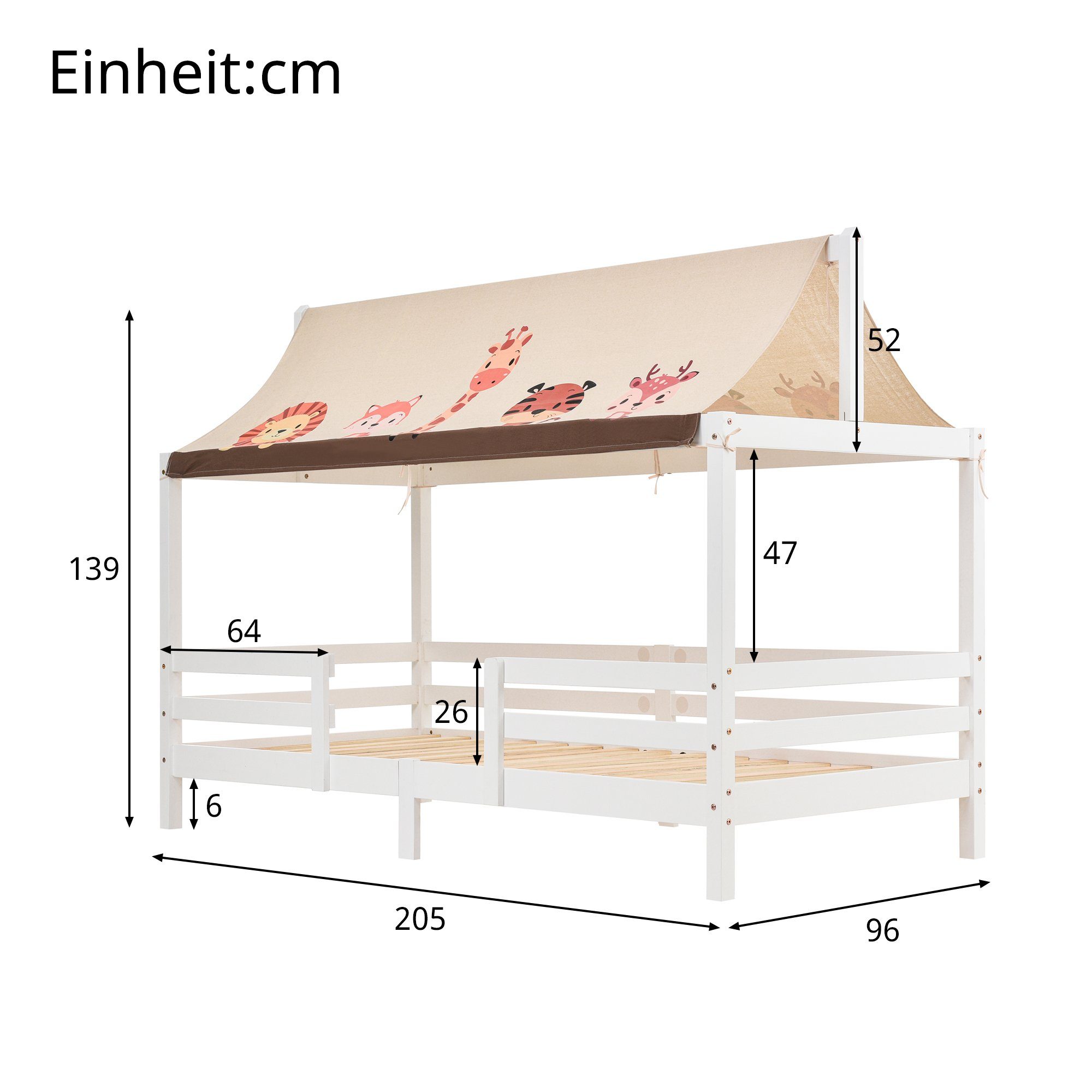 Kinderbett (Jugendbett Einzelbett mit Rausfallschutz), Hausbett mit Lattenrost und Dach, aus Kieferholz, 90*200 cm