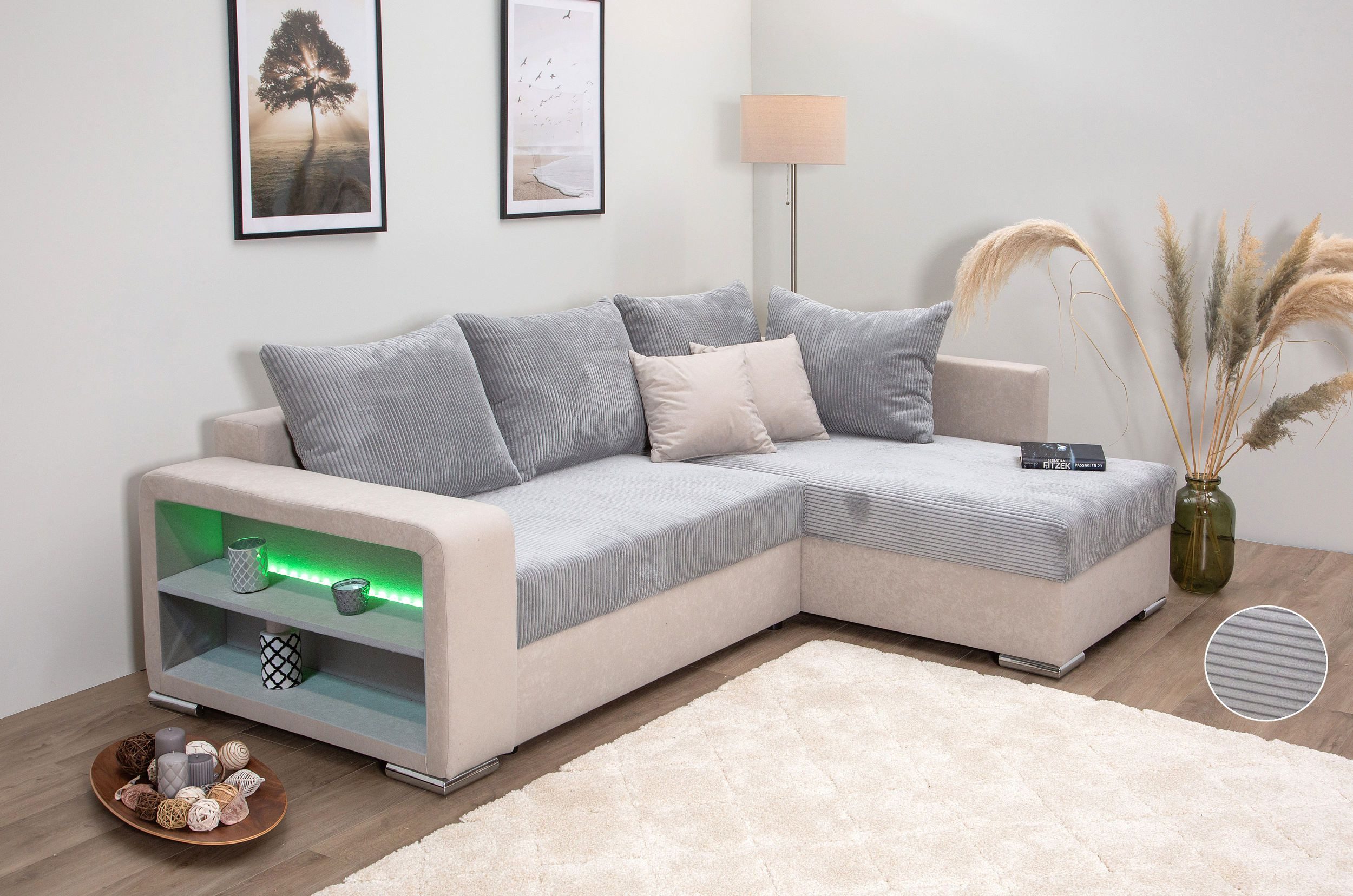 COLLECTION AB Ecksofa John L-Form, B: 226 cm, Schlaffunktion & Bettkasten, Regalelement mit Licht, Couch mit Federkern, 2 Zierkissen