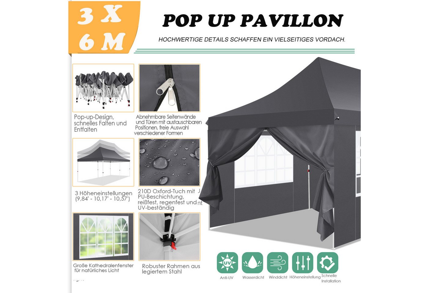 Thumbnail - LUCKZON Pavillon 3x6m Pavillon Wasserdicht, UV-Schutz, mit 6 Seitenteilen & 2 Eingängen, mit 6 Seitenteilen, LxBxH: 300x...