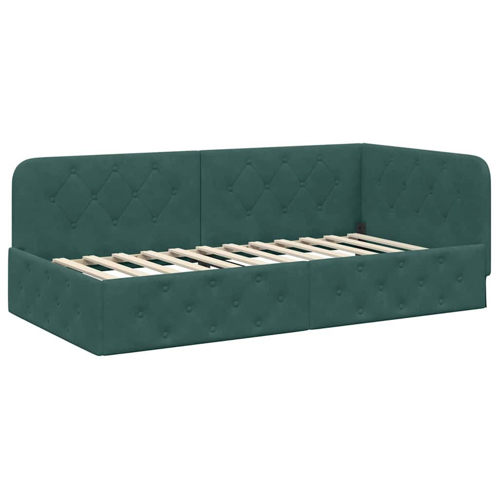 vidaXL Corner Bed Frame with Mattress, Dark Green, 90 x 200 cm, Velvet (1-piece)