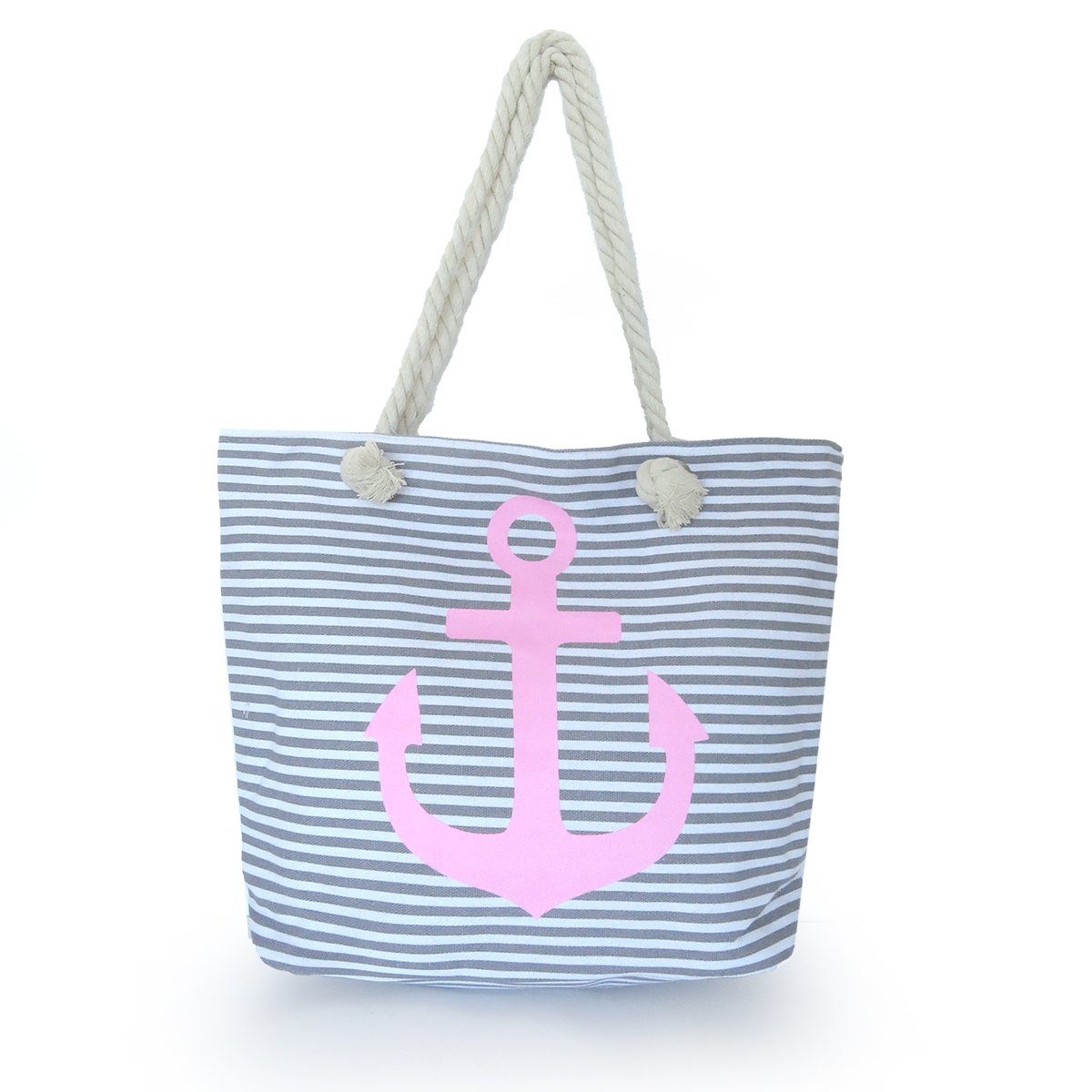 Sonia Originelli Umhängetasche Strandtasche maritim mit Ankerprint Seilkordel Reißverschluss grau-rosa
