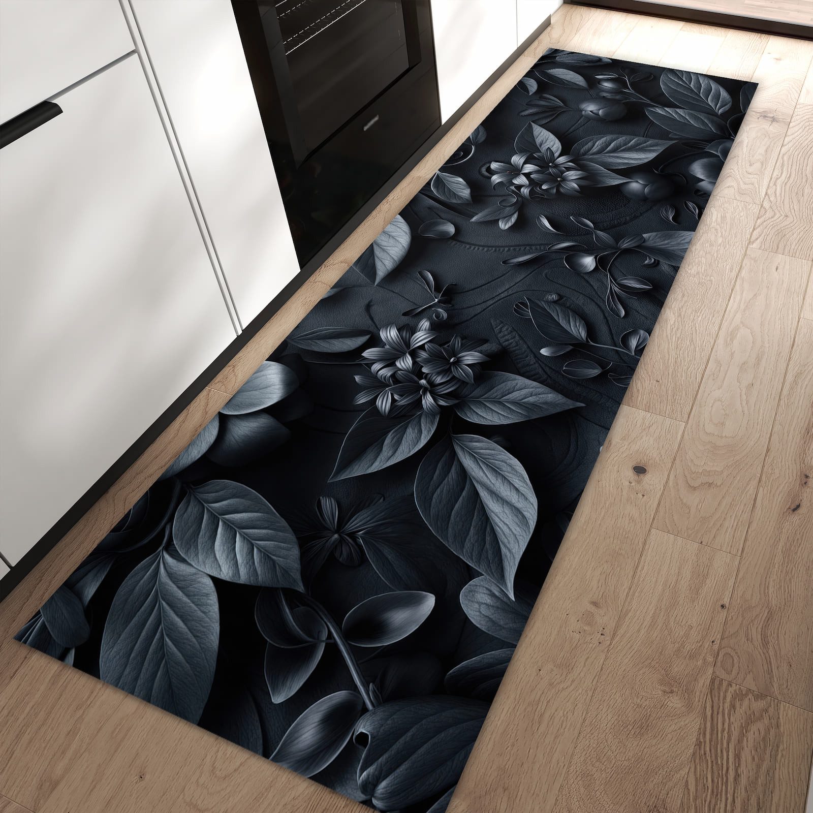 Primedeco Teppich Küchenteppich Blumenmuster Dunkel PVC rutschfest abwaschbar Läufer, Rechteckig, Höhe: 3 mm, Pflegeleicht & Wasserabweisend