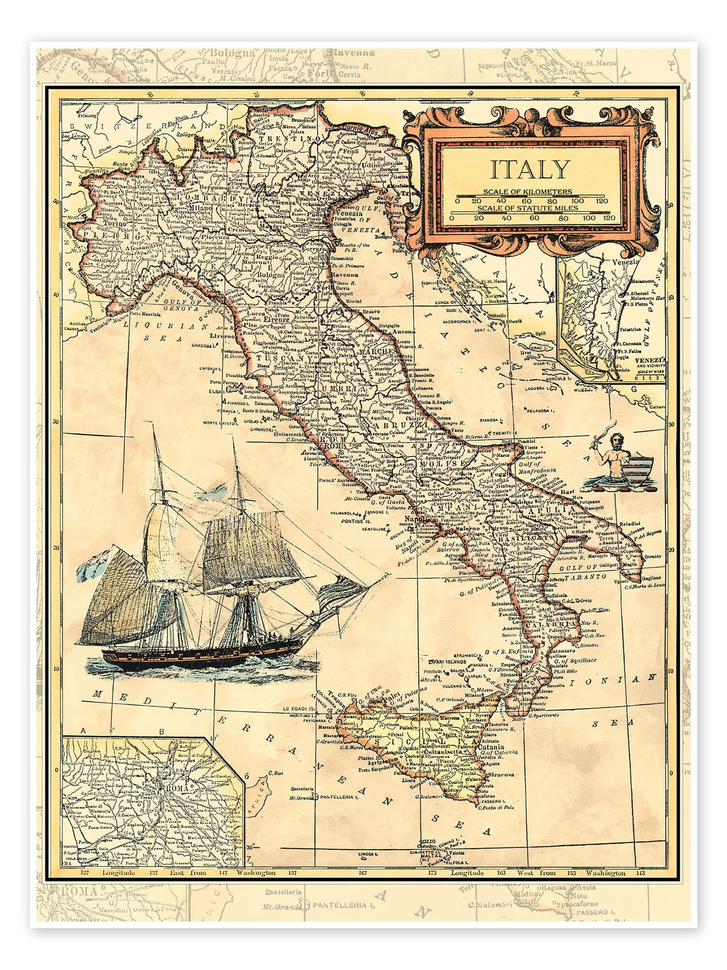 Posterlounge Wandbild Italien Karte, Vision Studio, erhältlich als Poster, Leinwandbild, Wandsticker oder Acrylglasbild