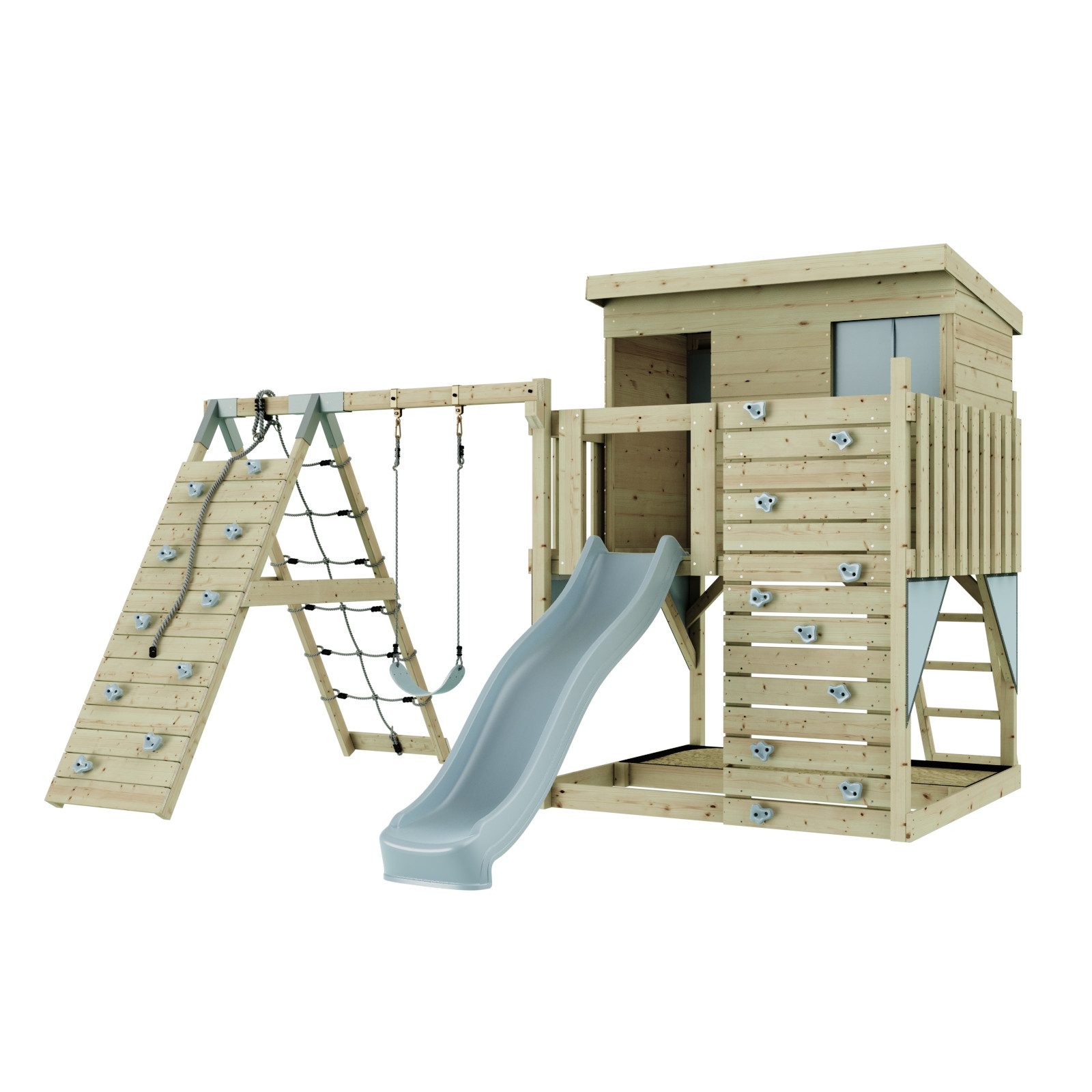 OutdoorToys Spielturm Emil aus Holz in Eisblau mit Kinderschaukel & Rutsche, Kletterwand, aus Holz in Eisblau mit Kinderschaukel & Rutsche, Kletterwand