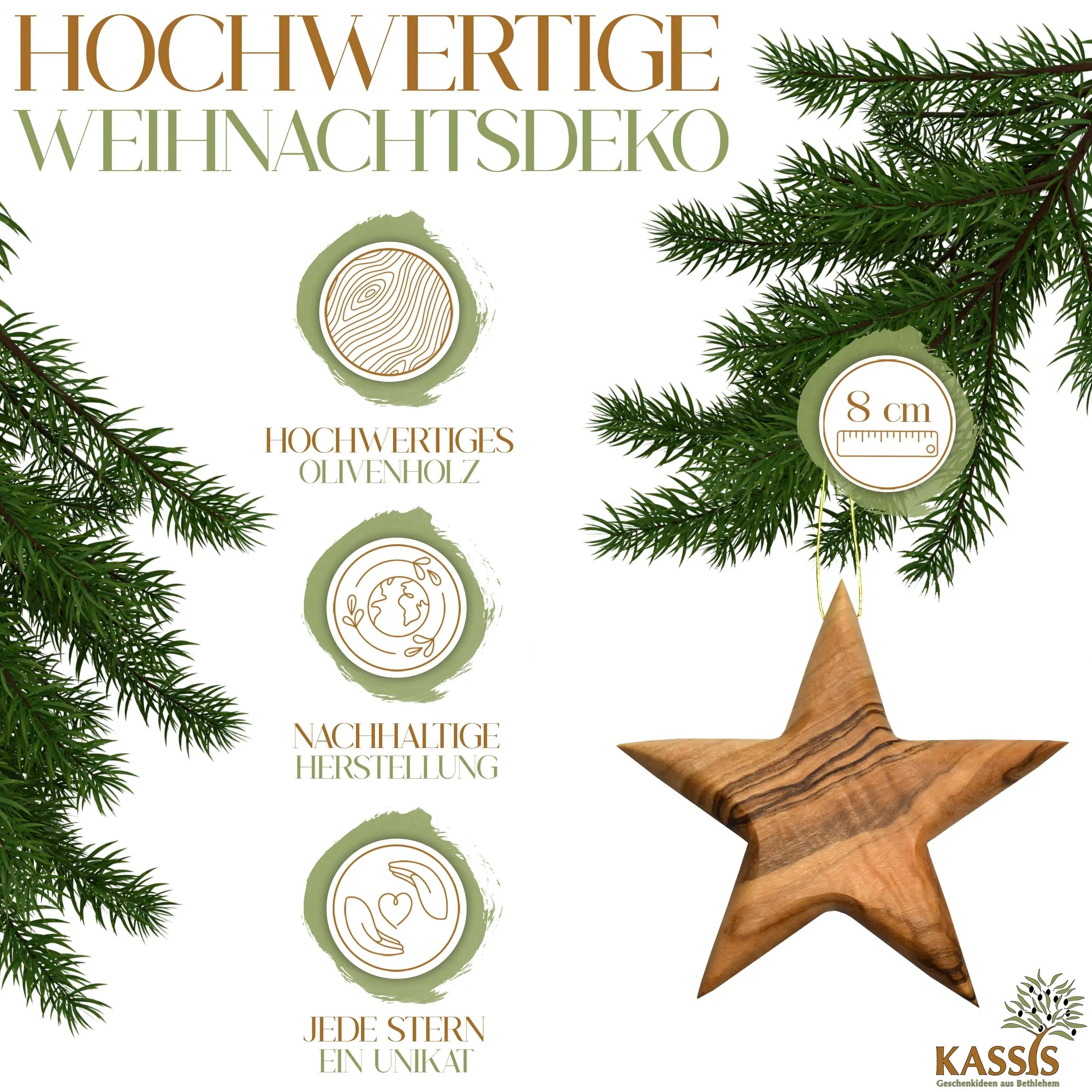 Kassis Dekoobjekt Bethlehem, Olivenholzdeko aus Weihnachtsdeko Stern Anhänger, Baumschmuck handgemacht, umweltfreundlich