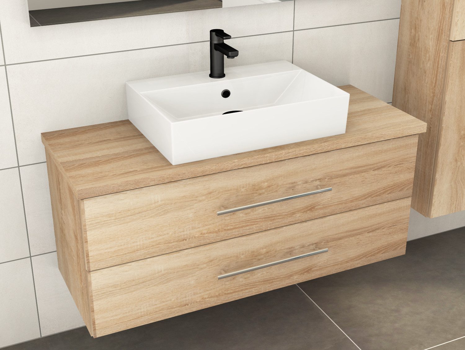 Aqua Bagno Badmöbel-Set Badmöbel-Set Flex 120 cm Eiche Gold 60cm Keramikbecken & Trägerlatte, (vormontiert, 3-St., Badmöbelschrank melaminbeschichtet, Trägerplatte, Keramikwaschbecken), einfache Montage, Skandi