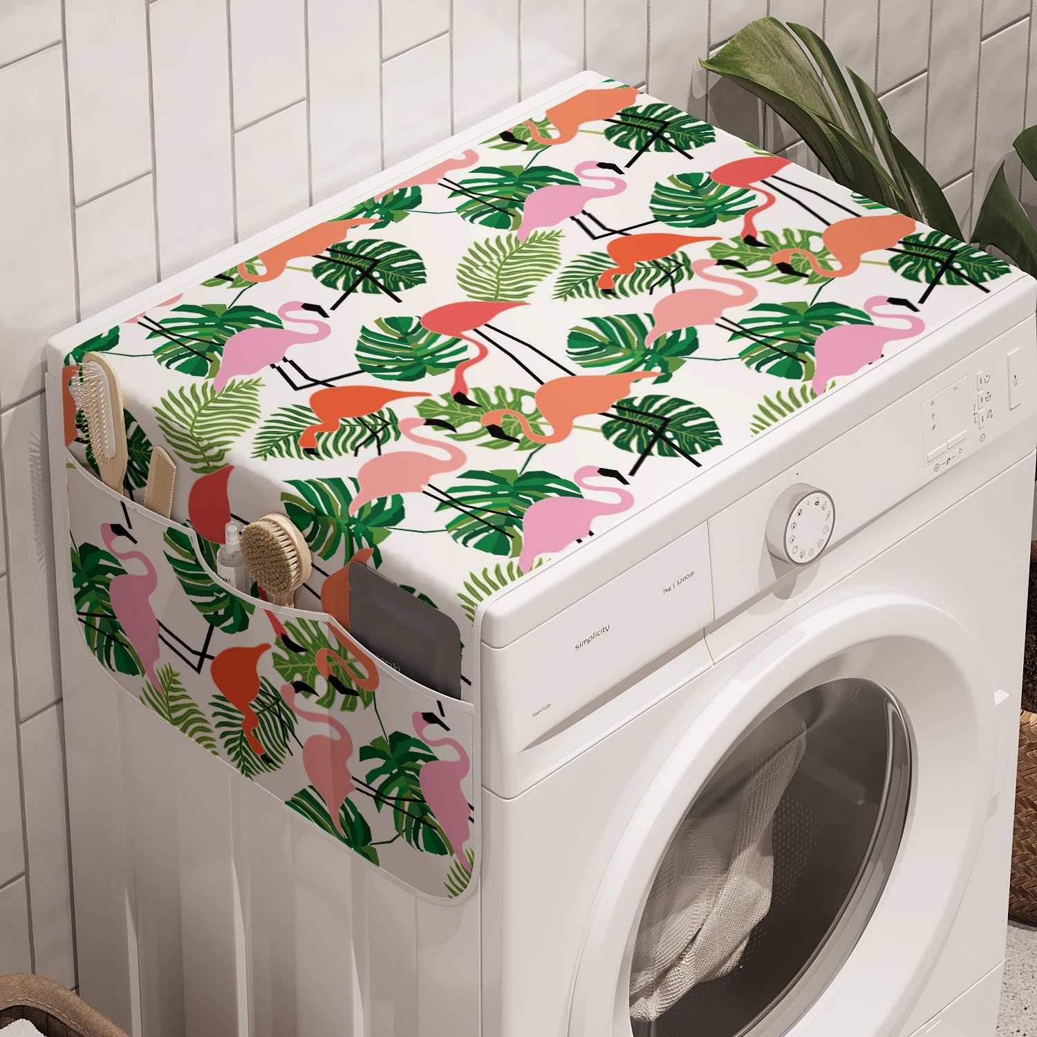 Abakuhaus Badorganizer Anti-Rutsch-Stoffabdeckung für Waschmaschine und Trockner, Tropisch Hipster Flamingo Monstera