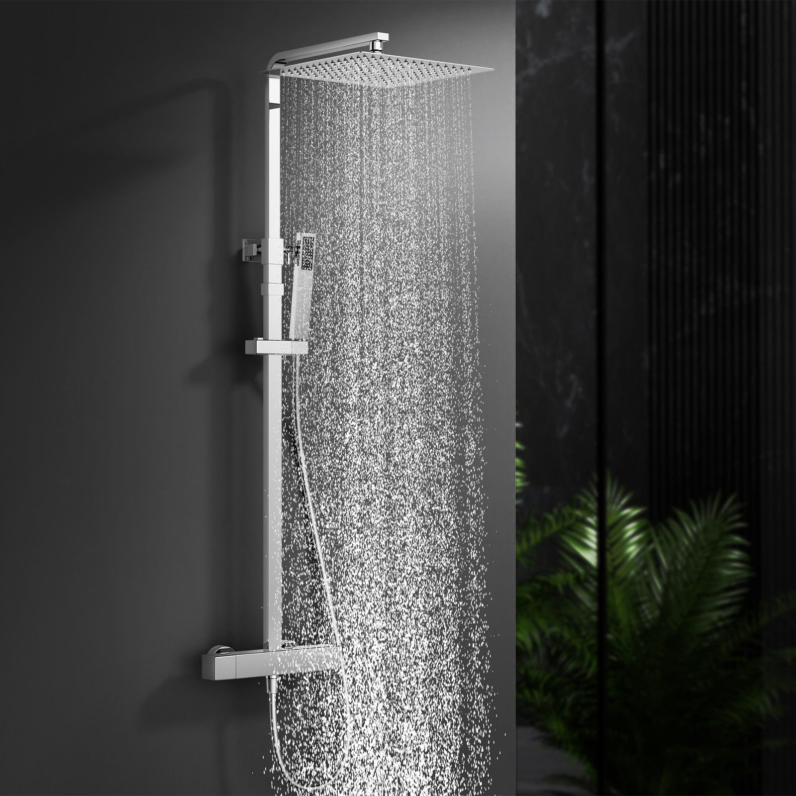 HOMELODY Duschsystem 30x30cm eckig Regenduschset mit Kopfbrause, 2 Strahlart(en), Wandmontage mit Thermostat Regendusche Chrom/Schwarz Quadratisch