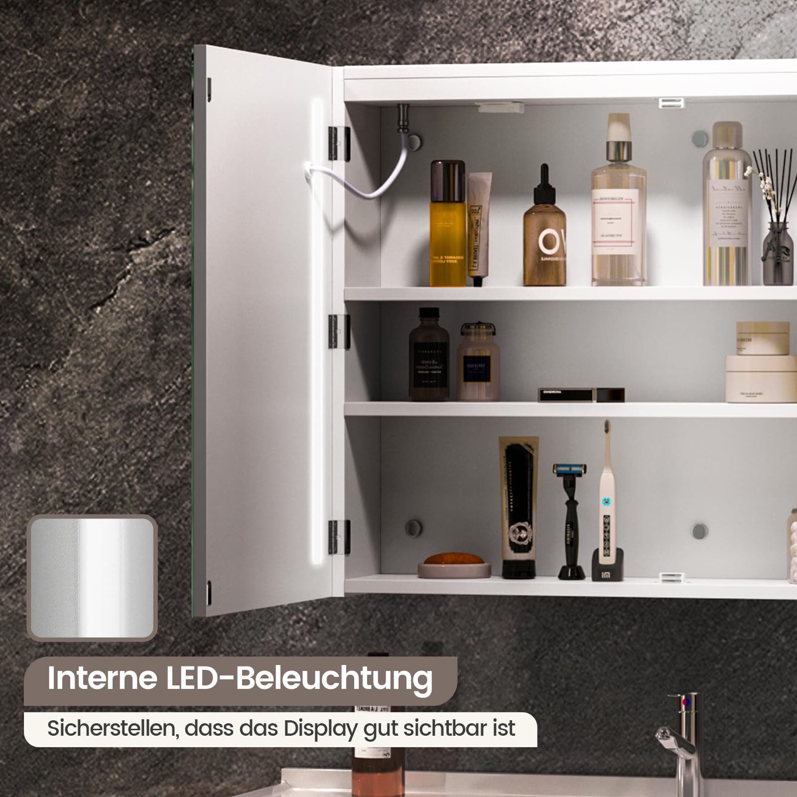 Luxstein Spiegelschrank Bad mit Beleuchtung und Steckdose, Verstellbares Regal, Entfogging-Funktion, Wandmontage – Bild 4 von 5