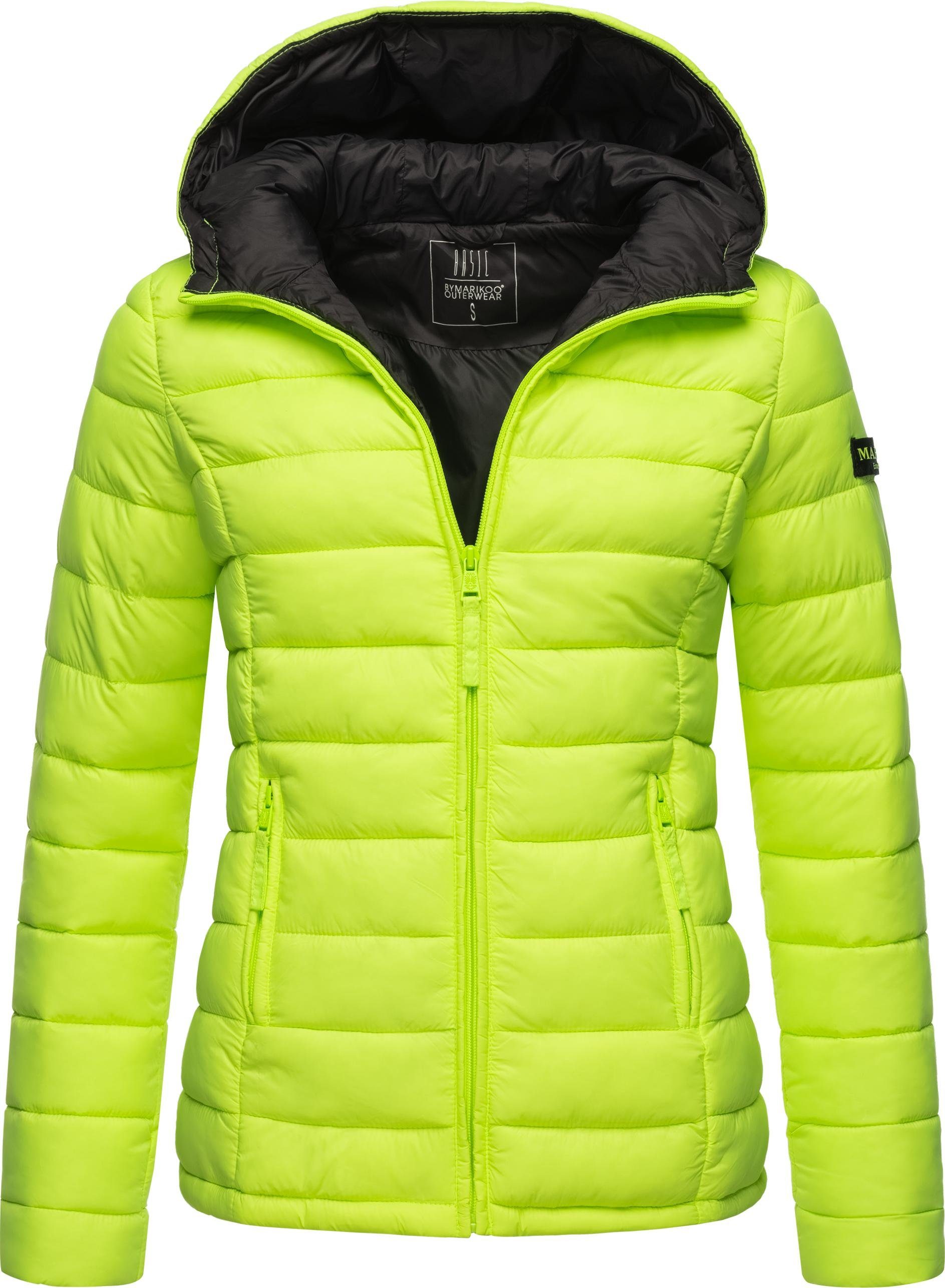 Marikoo Steppjacke Luci modische Damen Übergangsjacke mit großer Kapuze neongrün